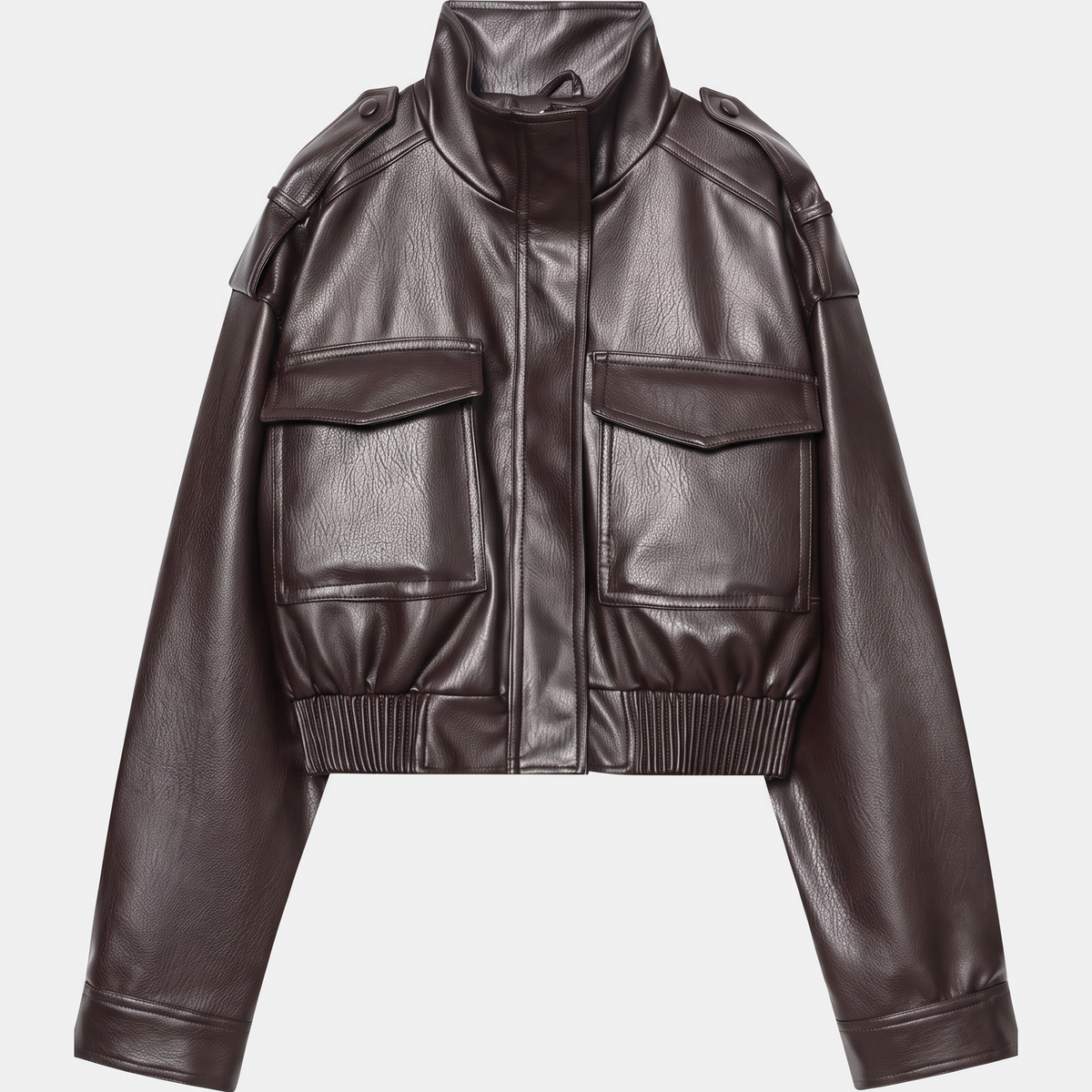 Women's Faux Leather Cropped Bomber Jacket with Cargo Pockets