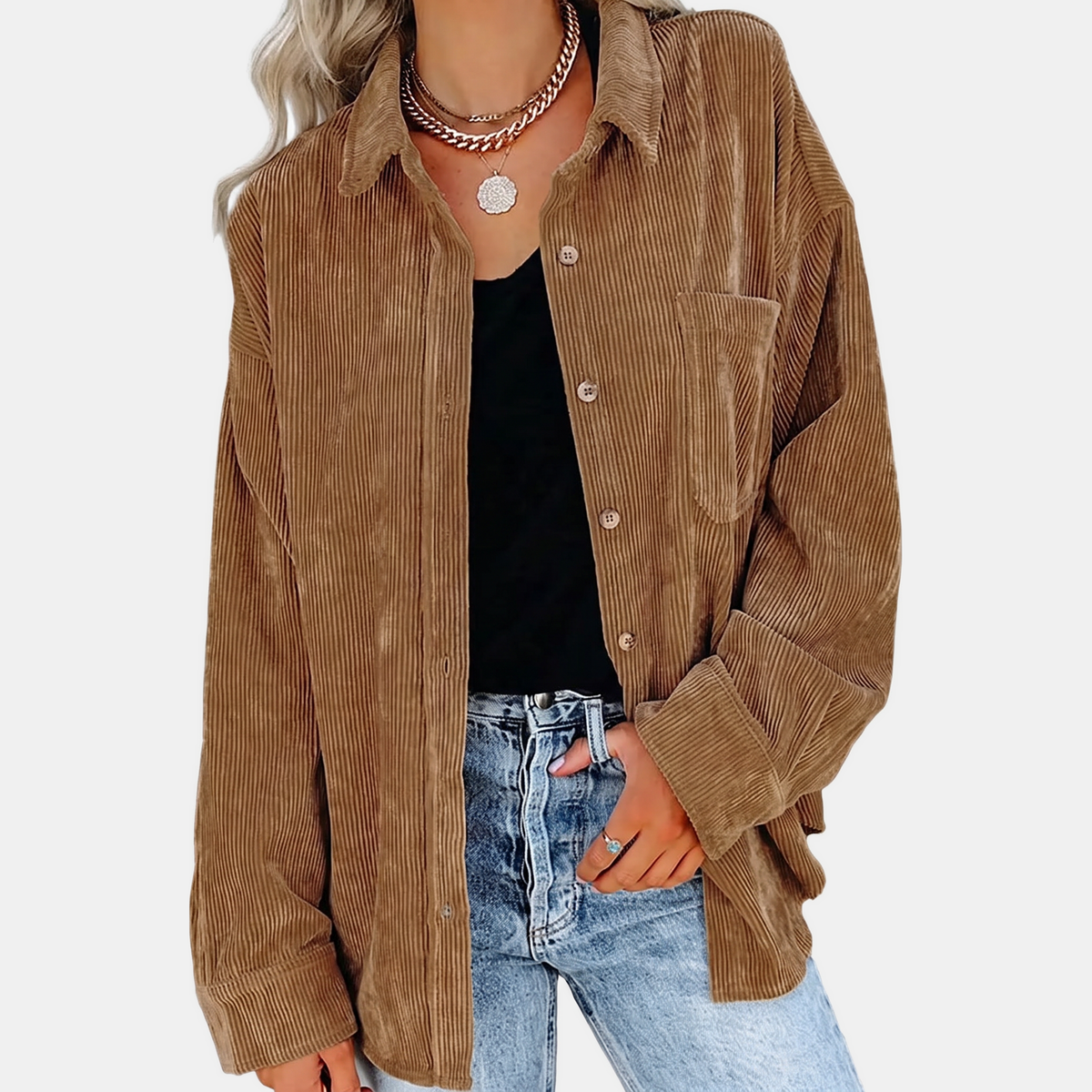 Women's Button Front Corduroy Oversized Long Sleeve Shacket
