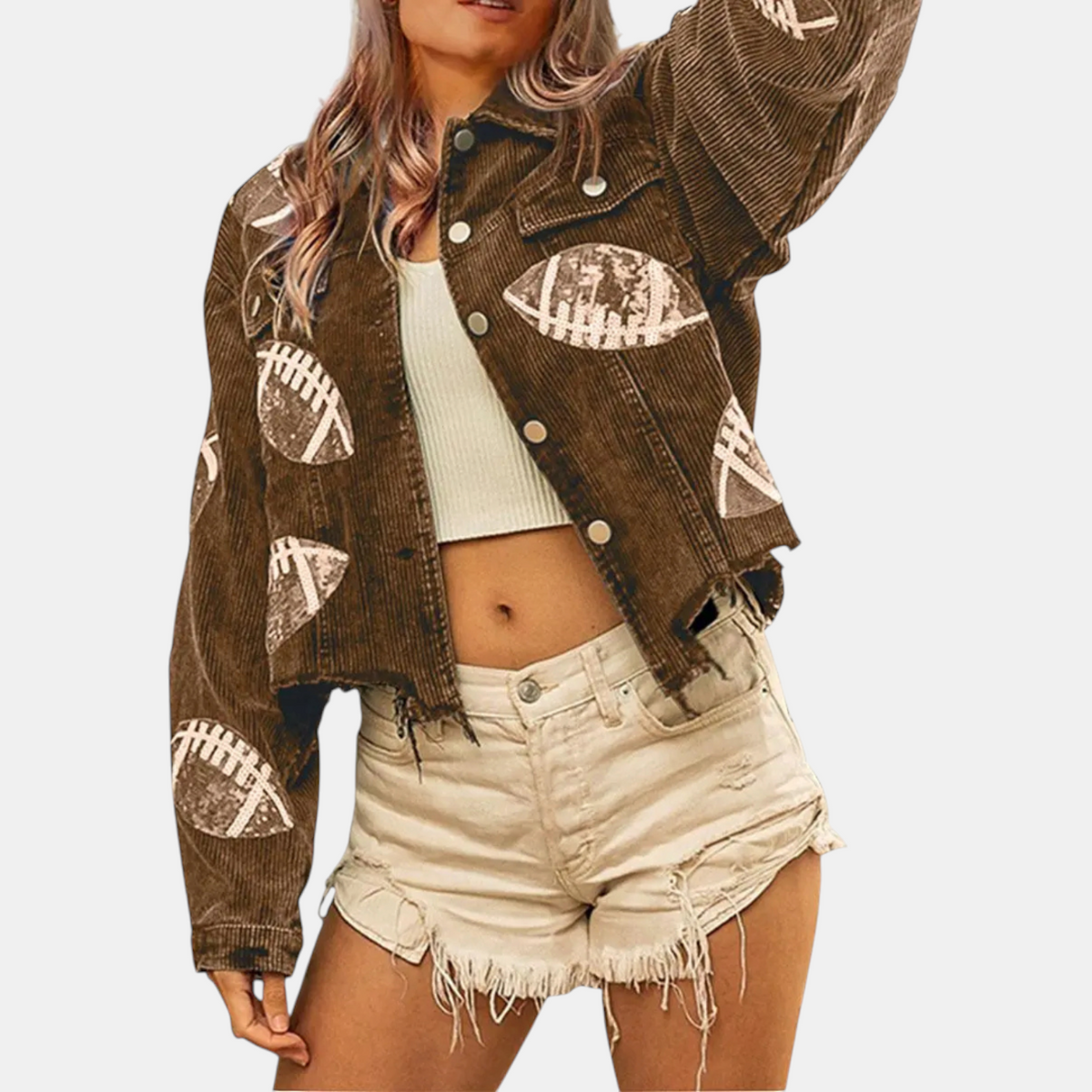 Women's Sequin Embroidered Cropped Corduroy Varsity Jacket