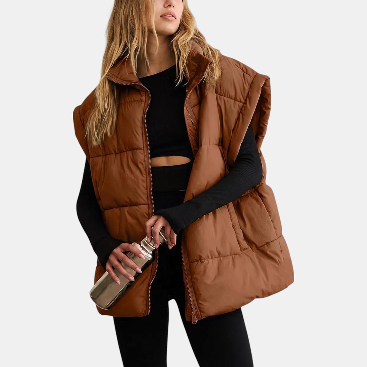 Women's Puffer Vest Quilted Sleeveless Midi Zip Up