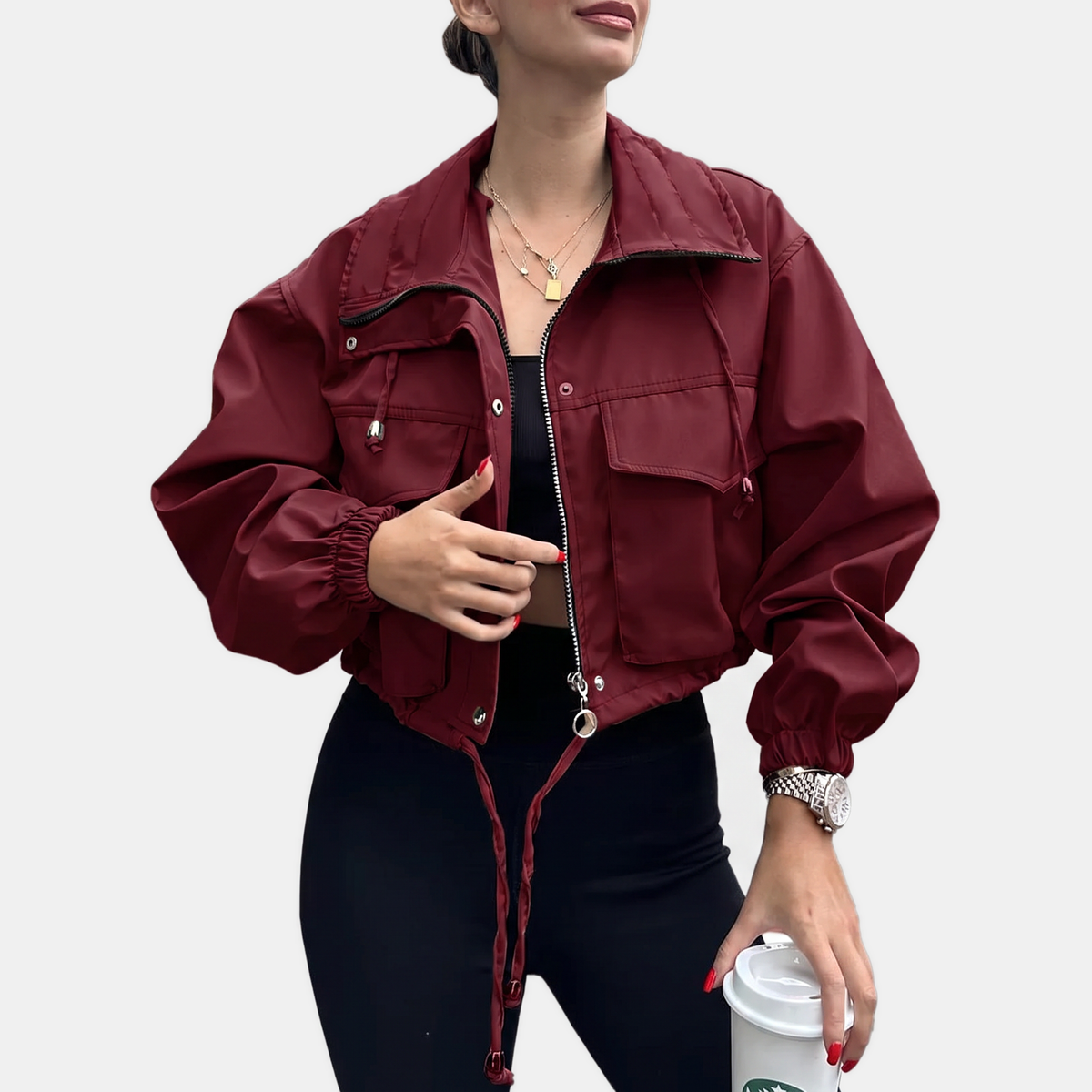 Women's Cropped Zip Up Cargo Windbreaker Jacket