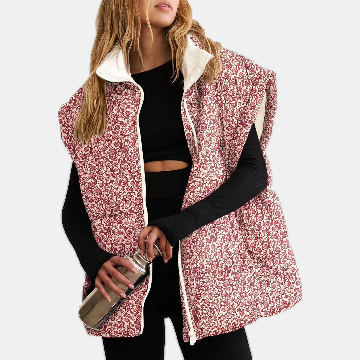 Women's Floral Print Puffer Vest Sleeveless Zip Up