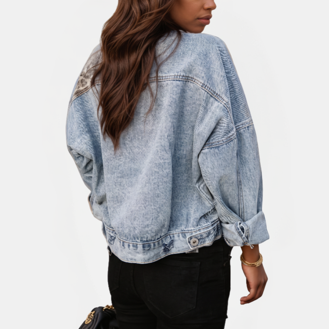 Women's Patchwork Denim Jacket with Raw Hem Detail