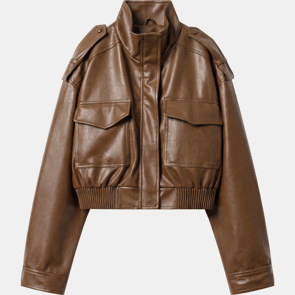 Women's Faux Leather Bomber Jacket Cropped with Ribbed Hem
