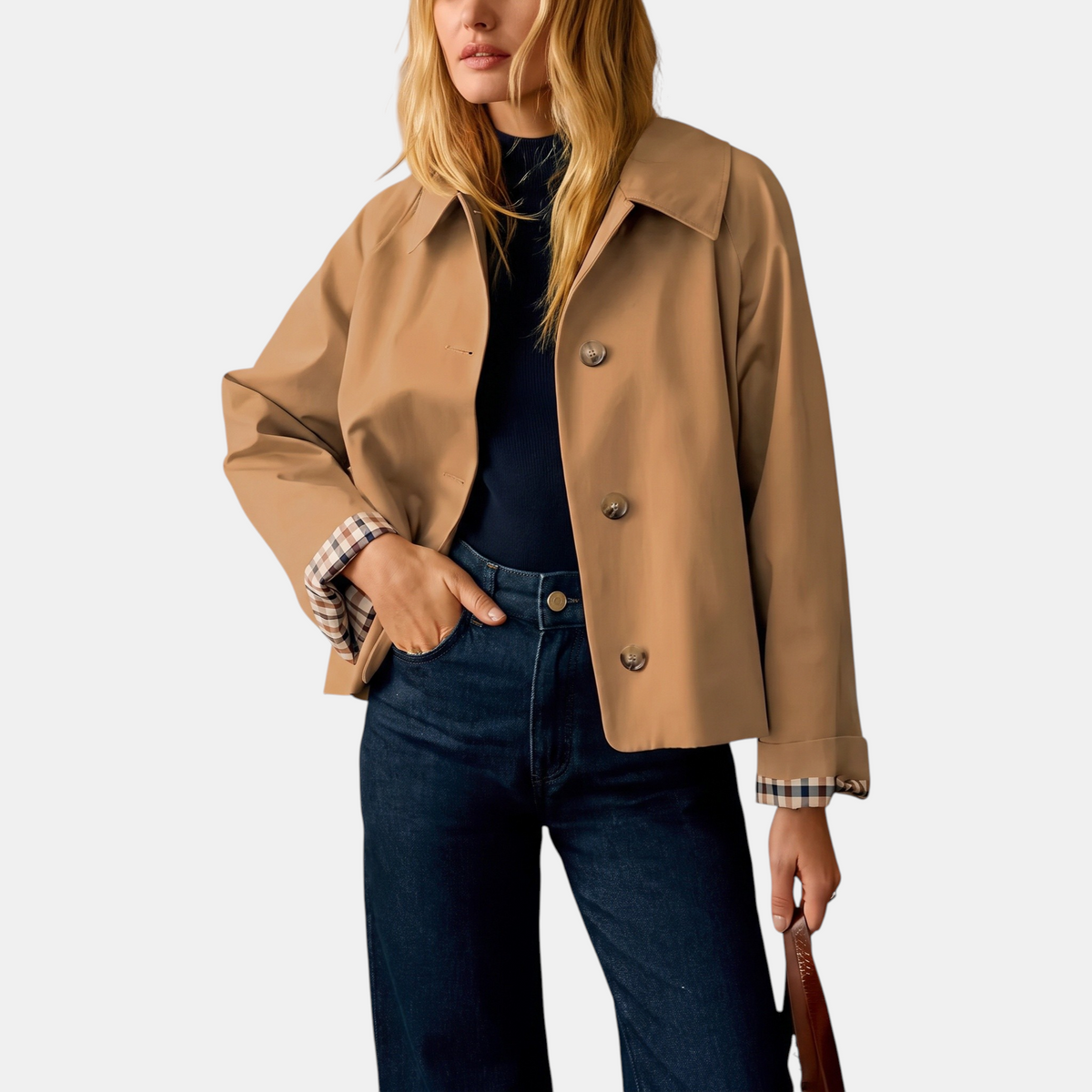 Women's Cropped Trench Coat with Checkered Lining and Gold Buttons