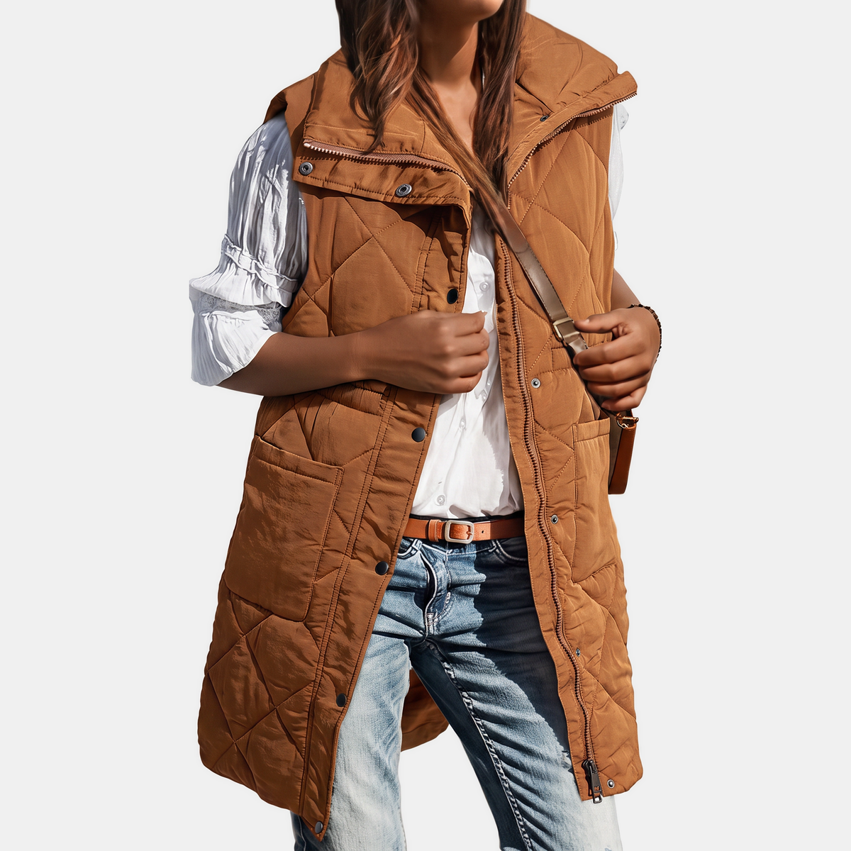Women's Hooded Puffer Vest Quilted Midi Sleeveless Jacket