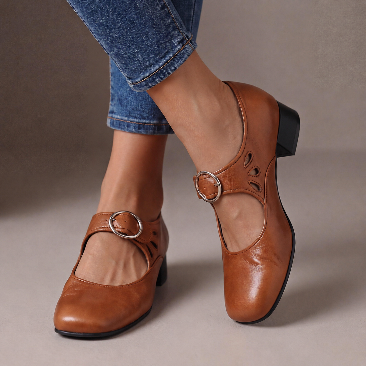 Josephine Leather Orthopedic Mary Janes - Khaki
