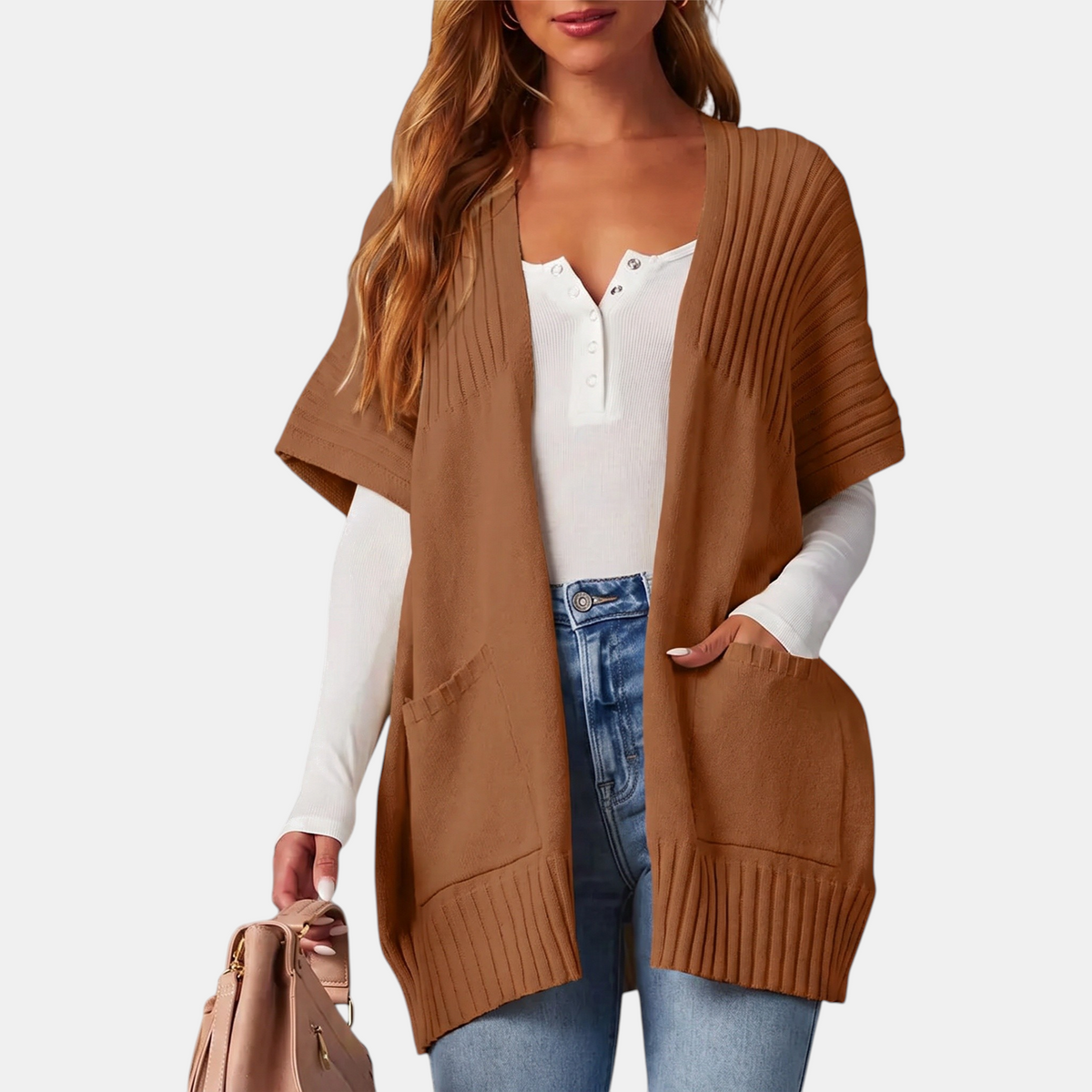 Women's Short Sleeve Cardigan Chunky Knit Open Front Sweater