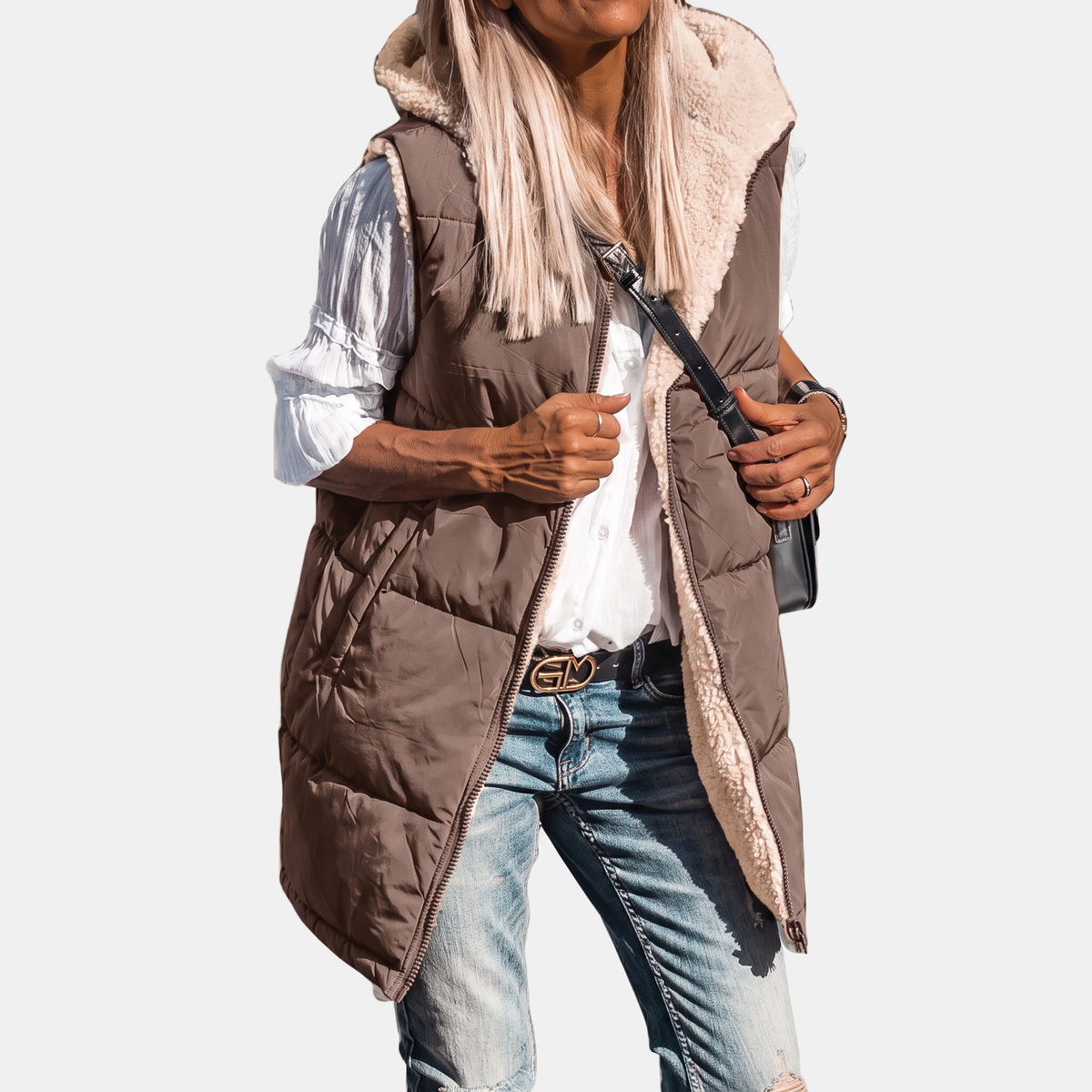 Women's Reversible Puffer Vest Sherpa Lined Hooded Sleeveless Coat