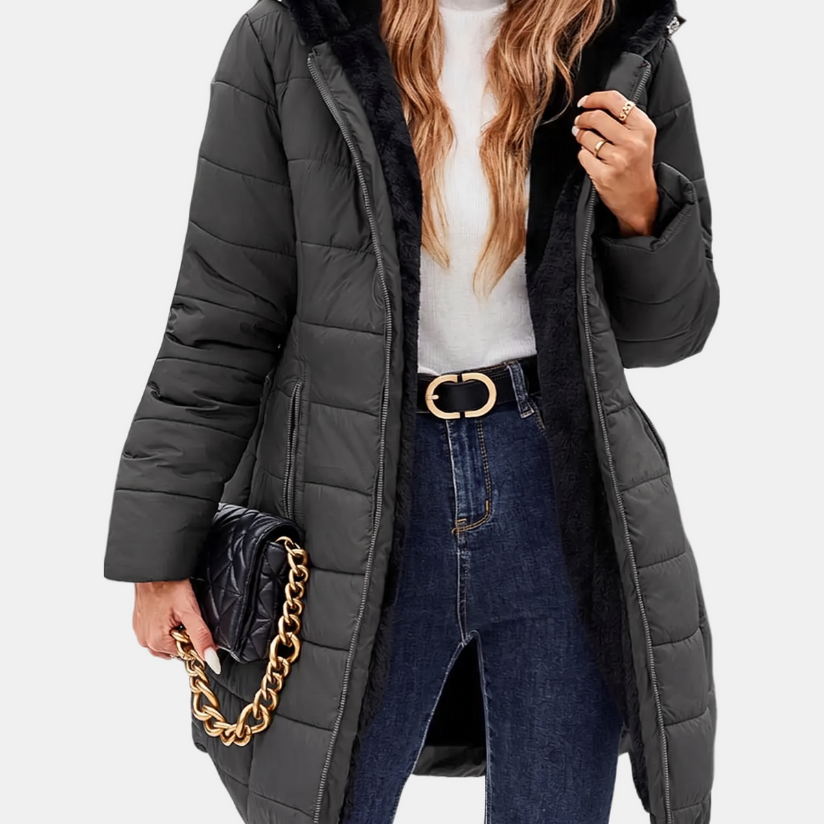 Women's Quilted Puffer Coat Fleece Lined Hooded Midi Jacket