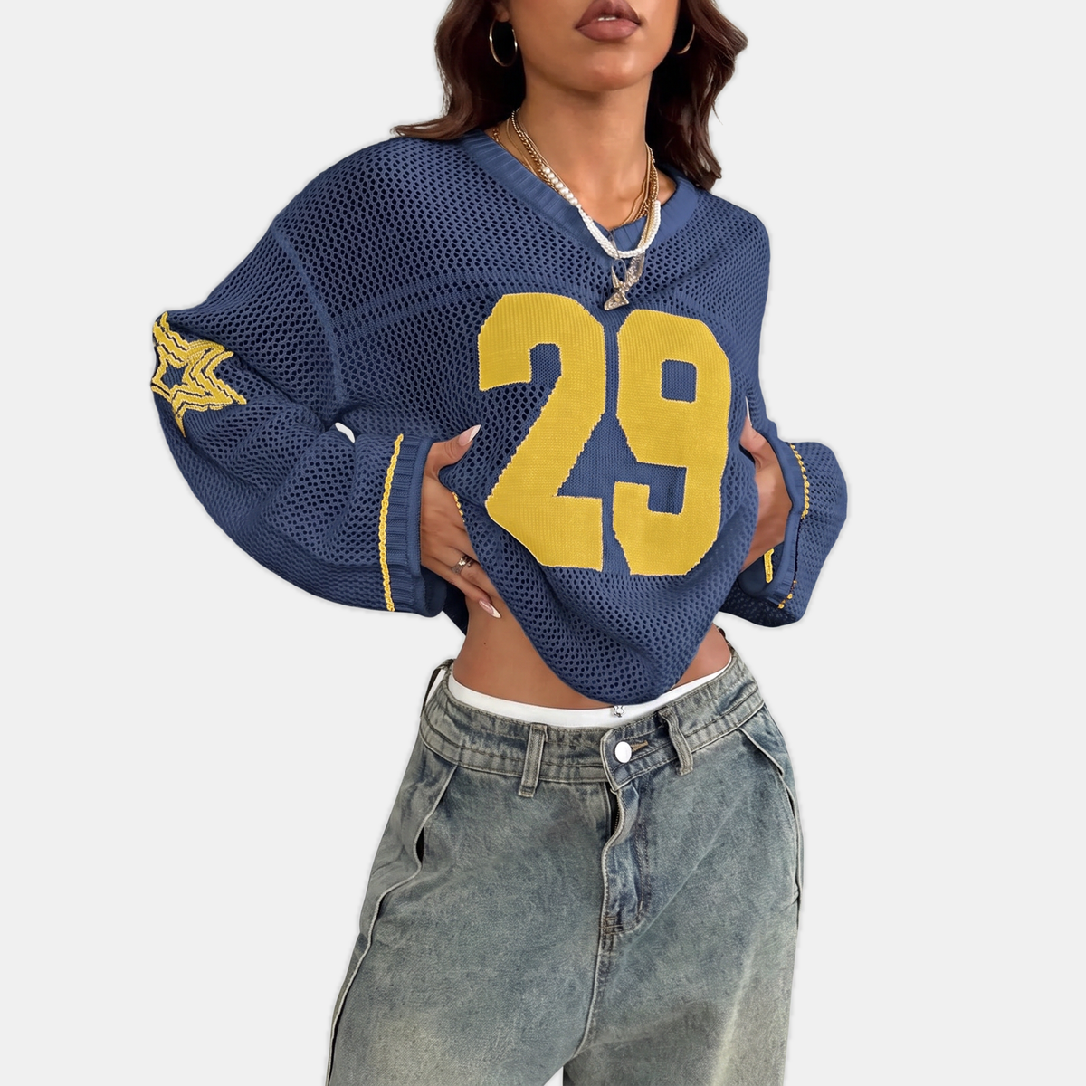 Women's Oversized Open Knit Number Graphic Crop Sweater