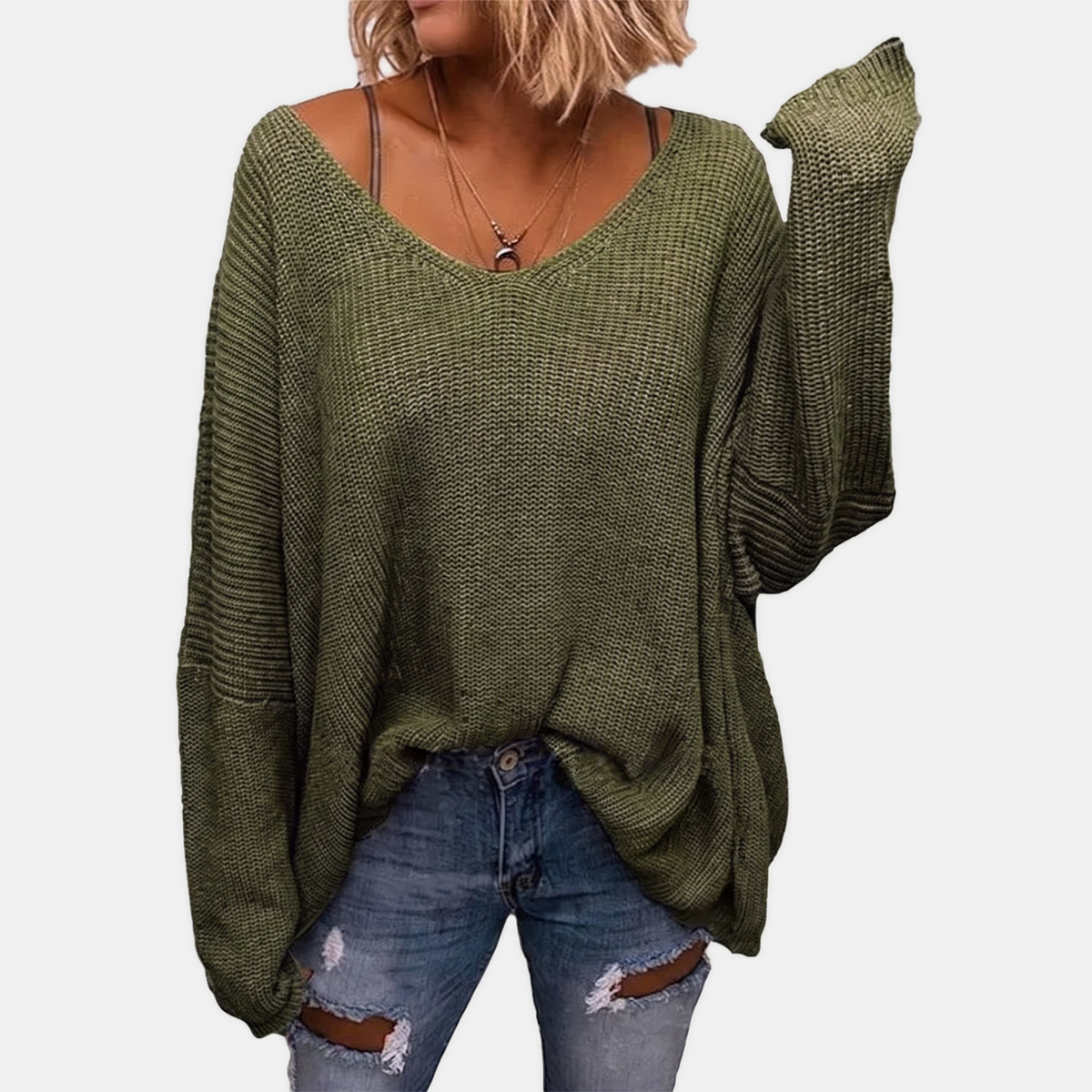 Women's Oversized Batwing Sleeve Deep V-Neck Knit Sweater