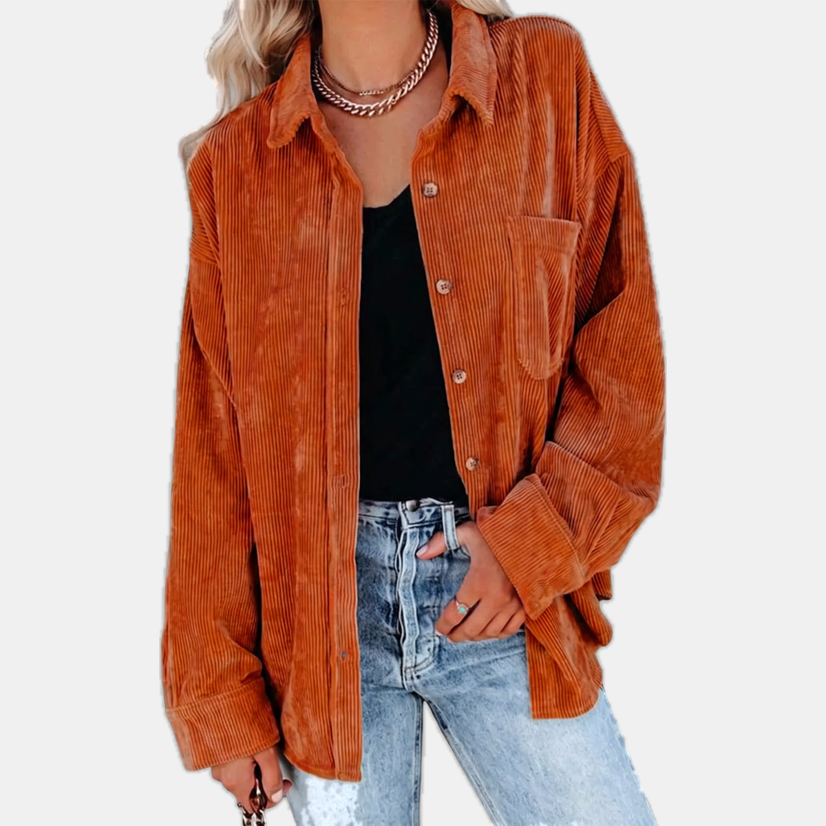Women's Button Front Corduroy Oversized Long Sleeve Shacket