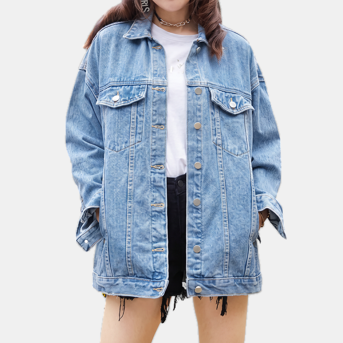 Women's Oversized Snap Button Denim Jacket Boyfriend Fit