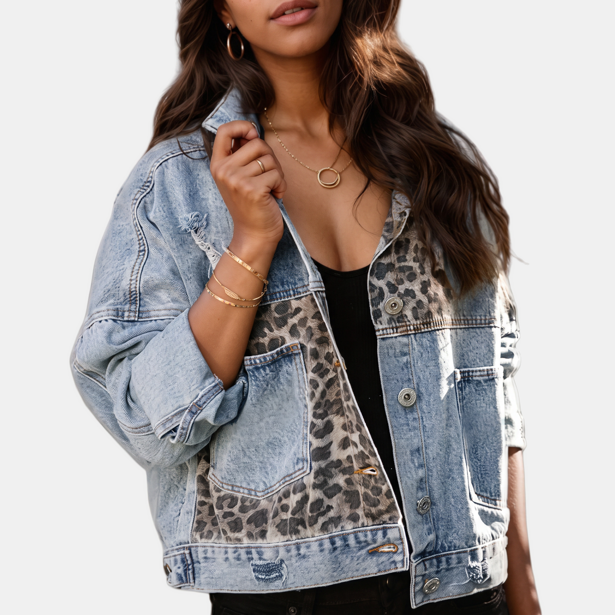 Women's Patchwork Denim Jacket with Raw Hem Detail