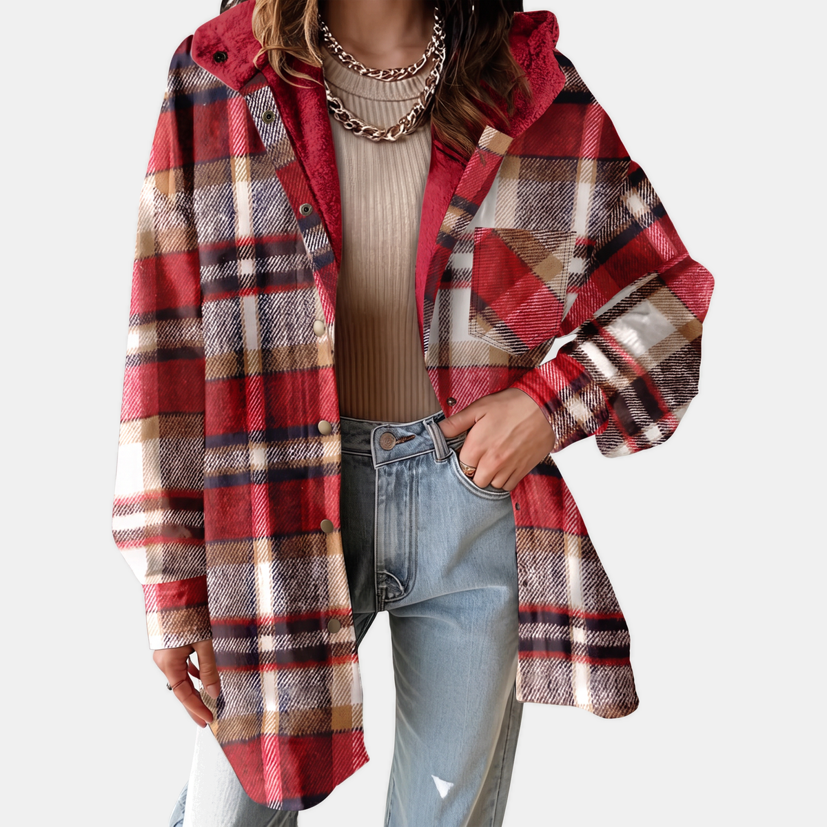 Women's Flannel Hooded Plaid Shacket Fleece Lined Coat