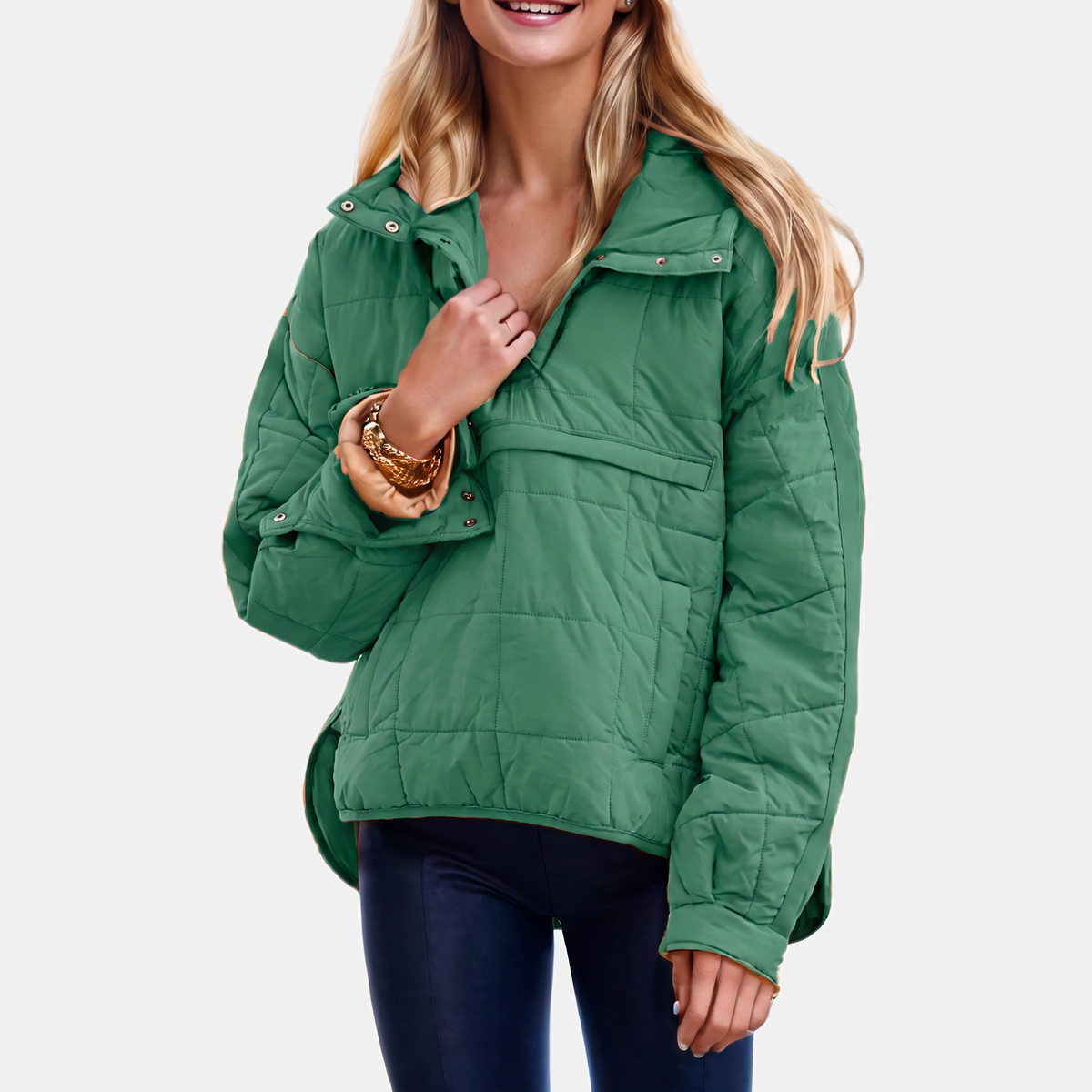 Women's Quilted Pullover Puffer Jacket Snap Collar Stand Neck