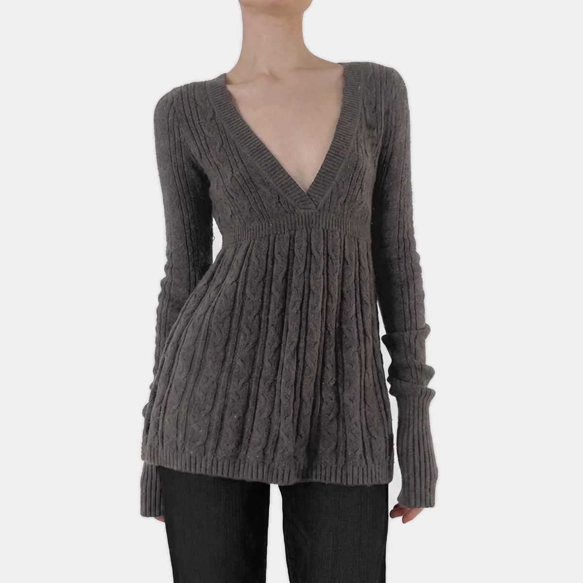 Women's Cable Knit Empire Waist V-Neck A Line Sweater Top
