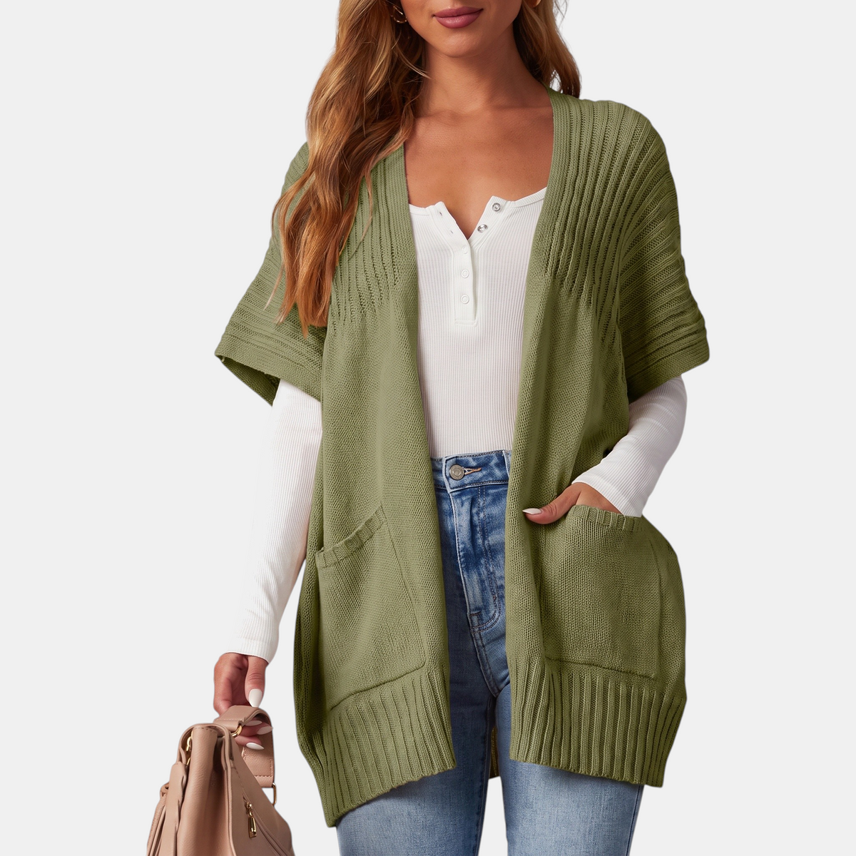 Women's Short Sleeve Cardigan Chunky Knit Open Front Sweater