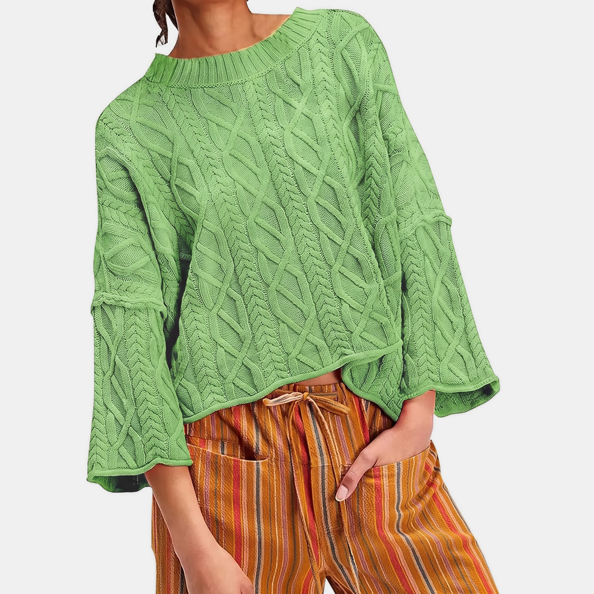 Women's Cable Knit Cropped Sweater Bell Flounce Cuff