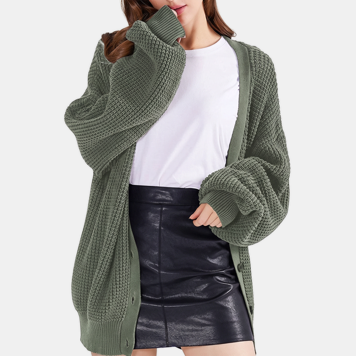 Women's Waffle Knit Balloon Sleeve Button Front Cardigan