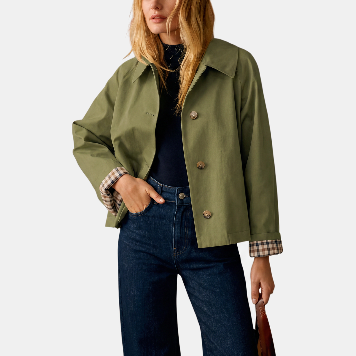 Women's Cropped Trench Coat with Checkered Lining and Gold Buttons