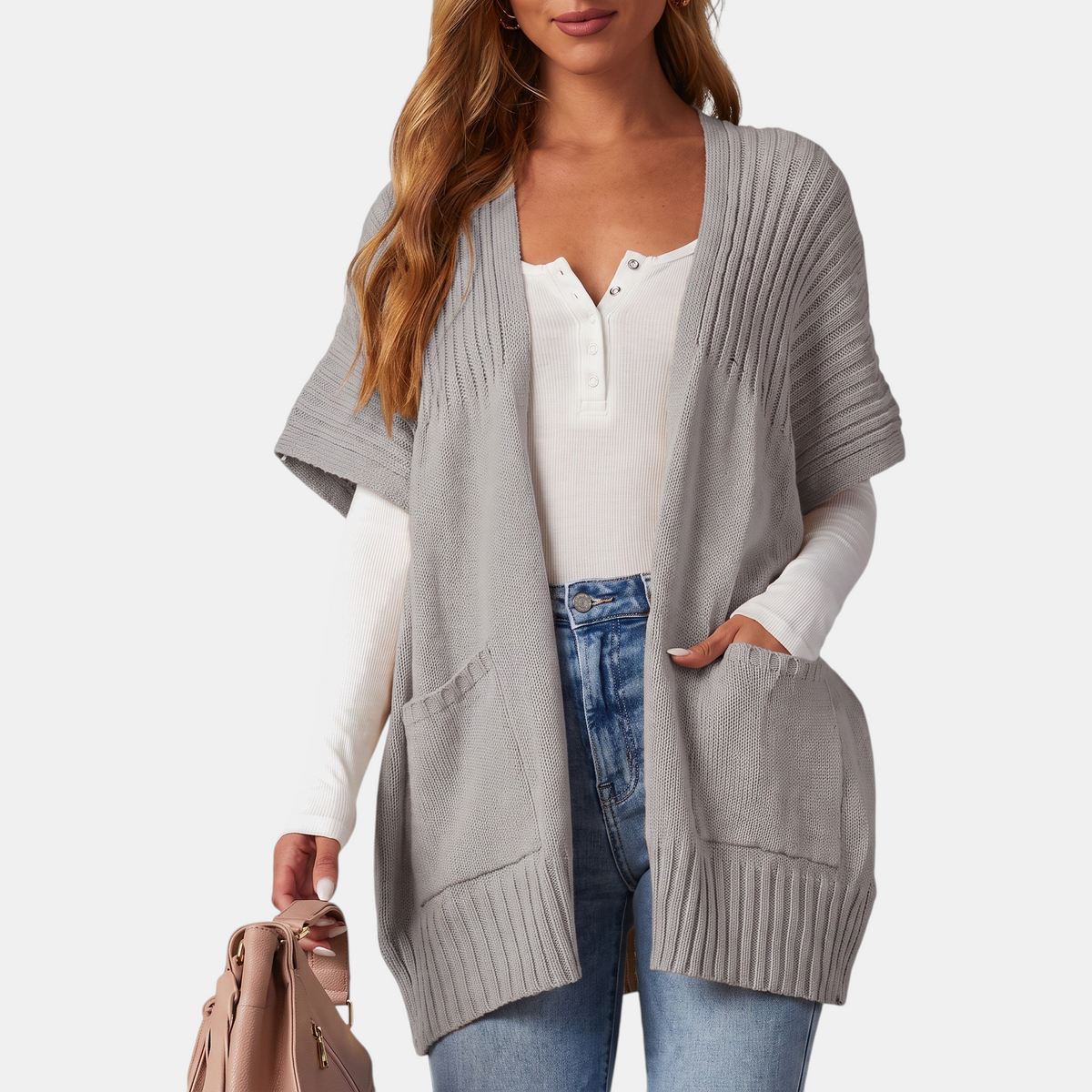 Women's Short Sleeve Cardigan Chunky Knit Open Front Sweater