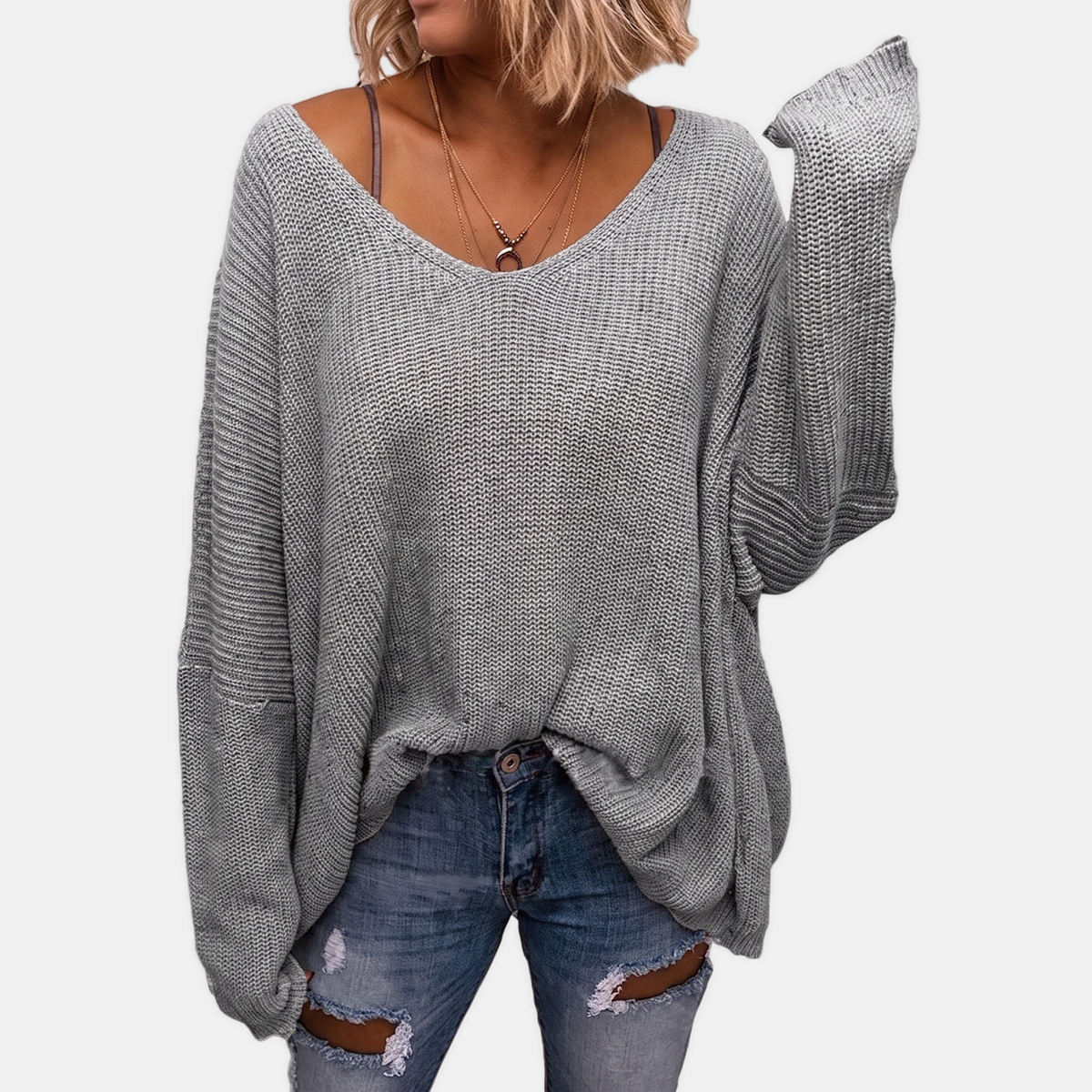 Women's Oversized Batwing Sleeve Deep V-Neck Knit Sweater