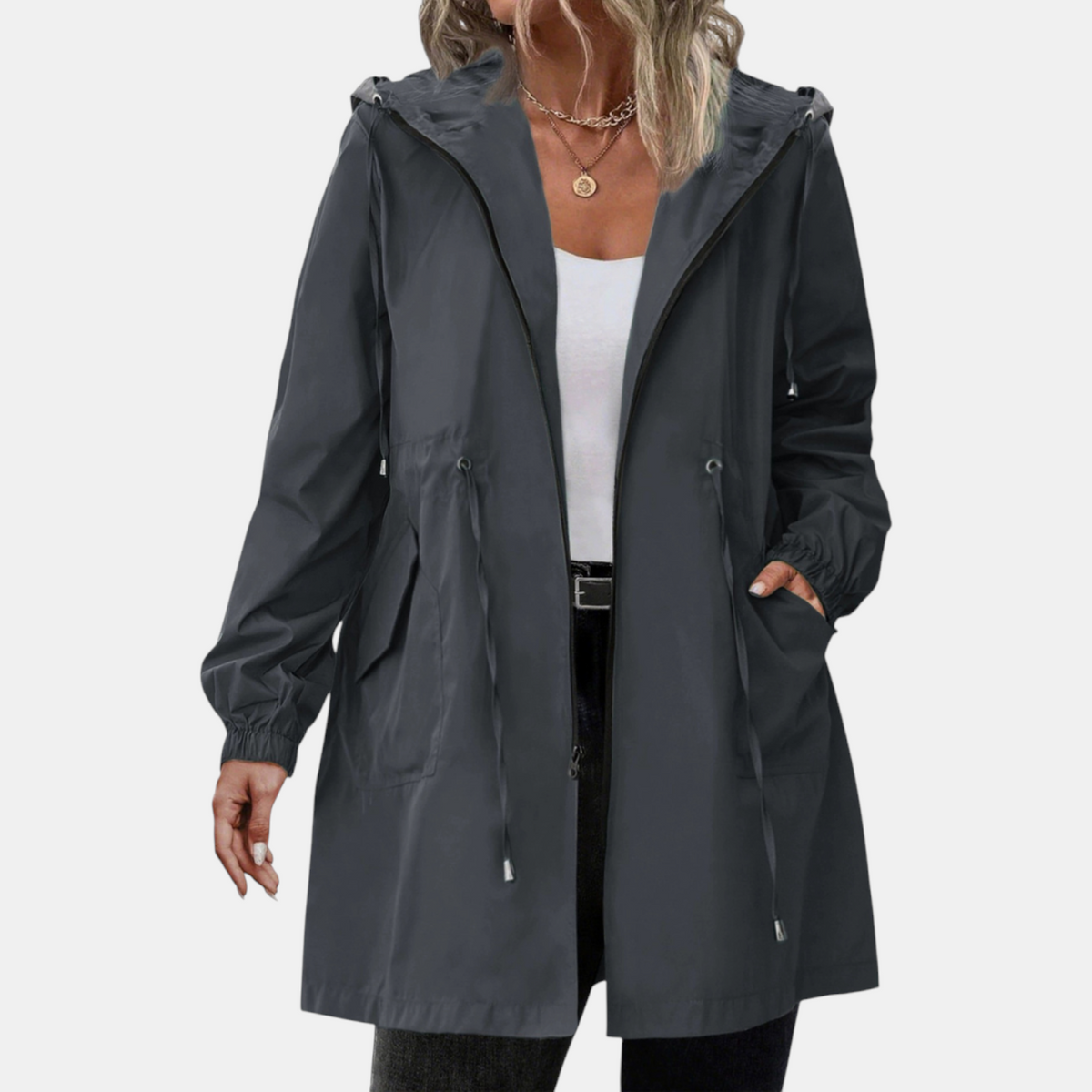 Women's Windbreaker Drawstring Waist Hooded Longline Jacket