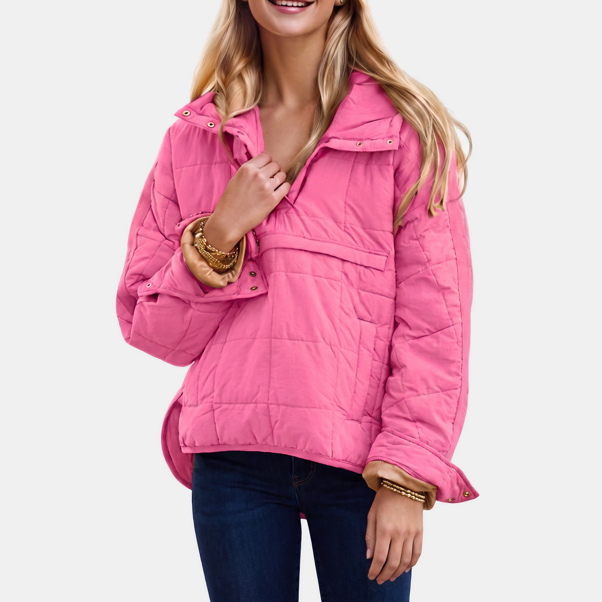 Women's Quilted Pullover Puffer Jacket Snap Collar Stand Neck