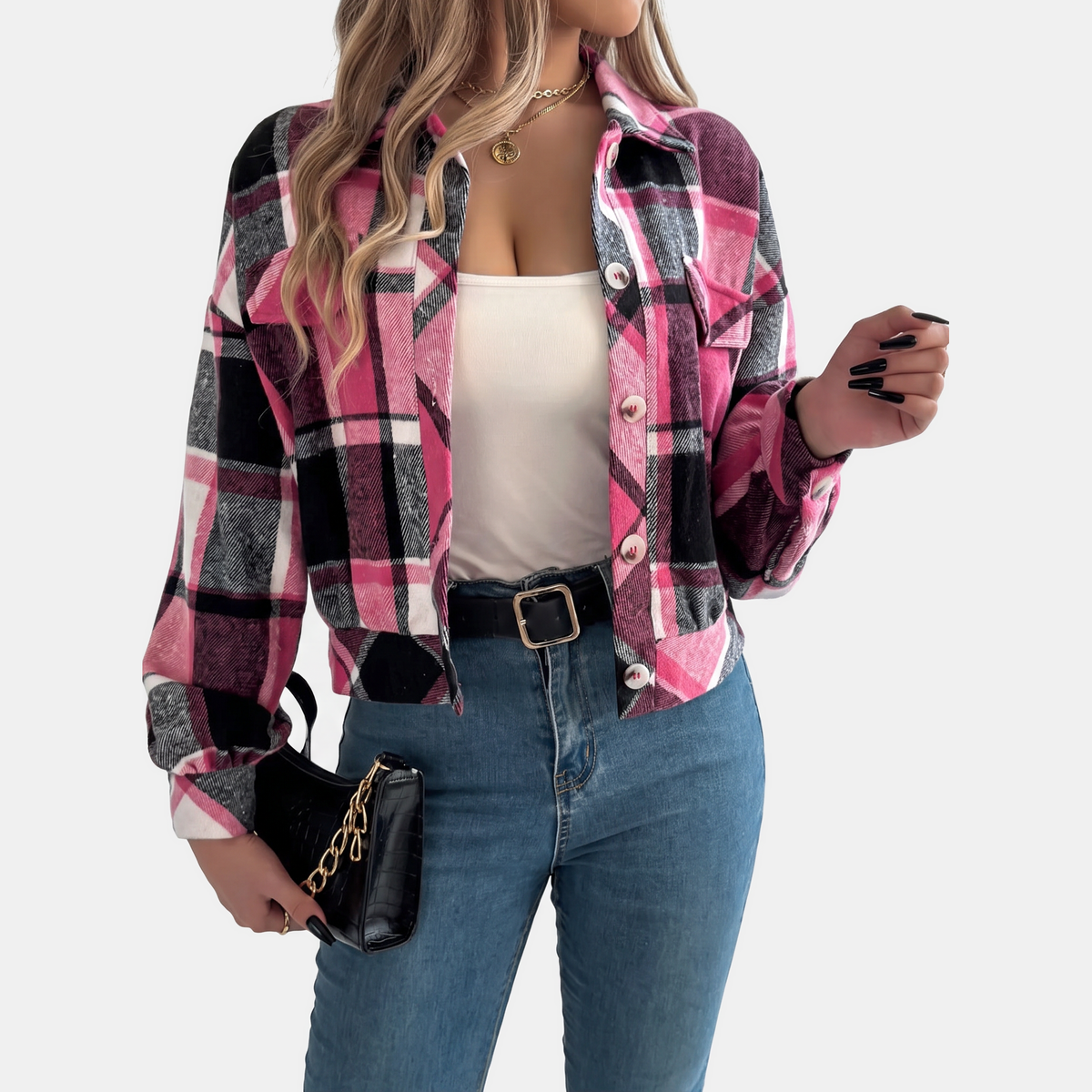 Women's Button Front Cropped Plaid Flannel Shacket