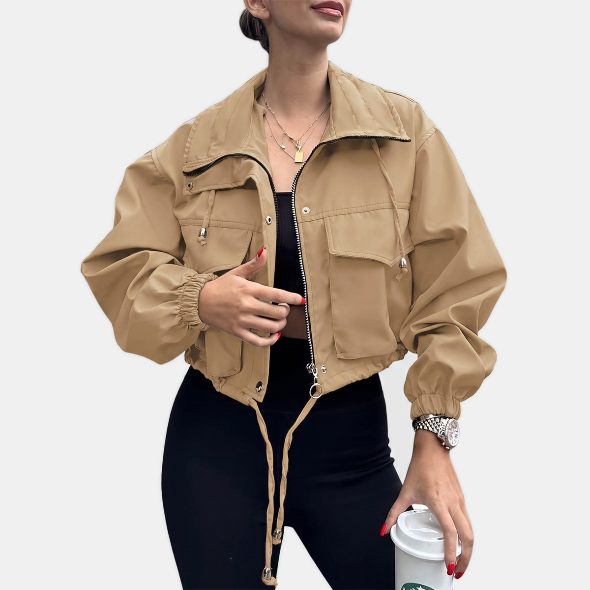 Women's Cropped Zip Up Cargo Windbreaker Jacket
