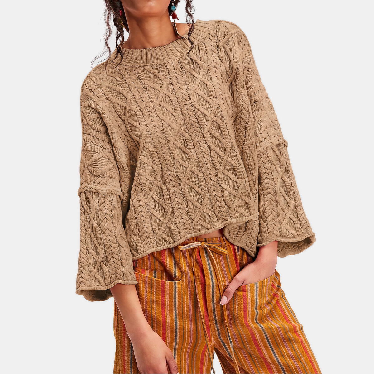 Women's Cable Knit Cropped Sweater Bell Flounce Cuff