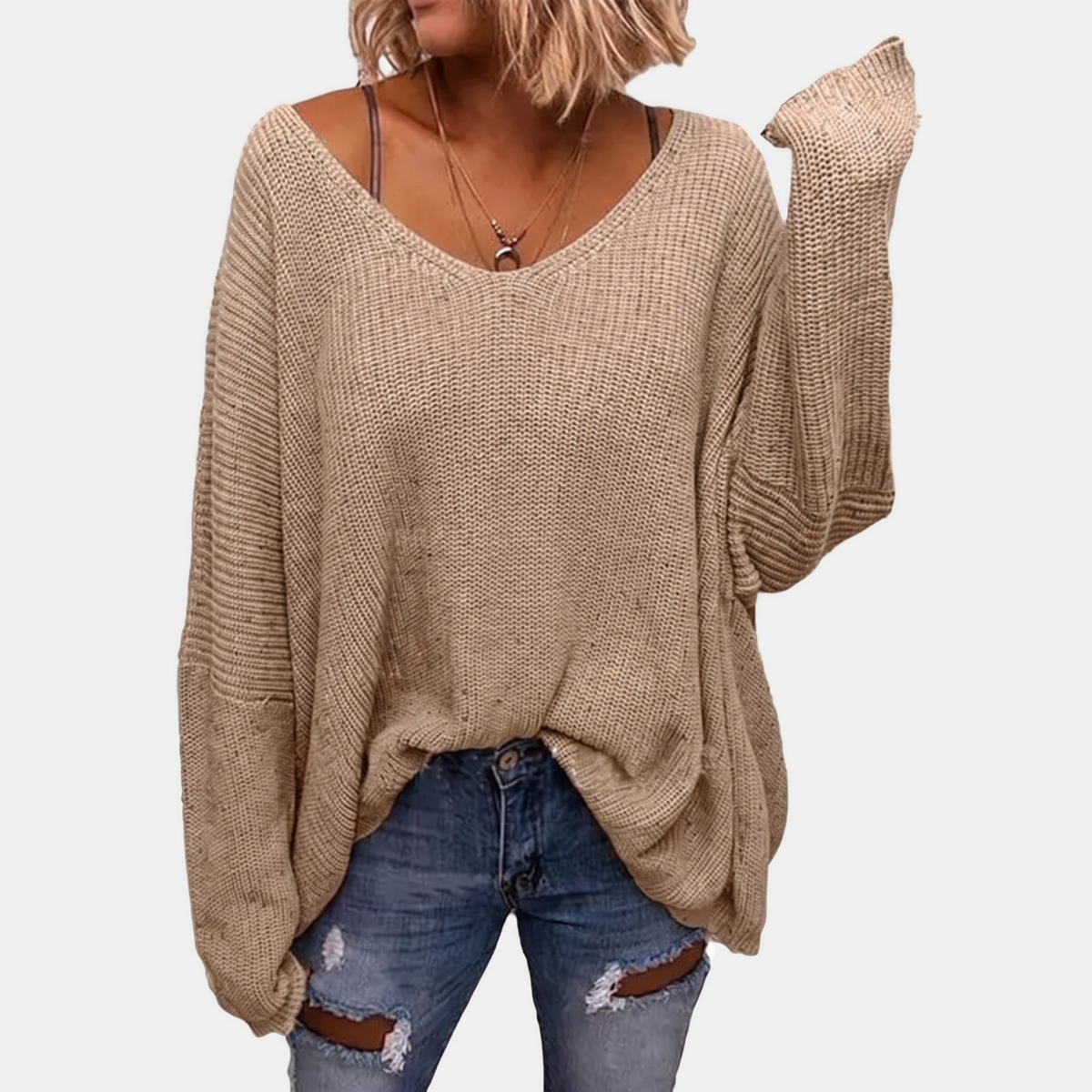 Women's Oversized Batwing Sleeve Deep V-Neck Knit Sweater