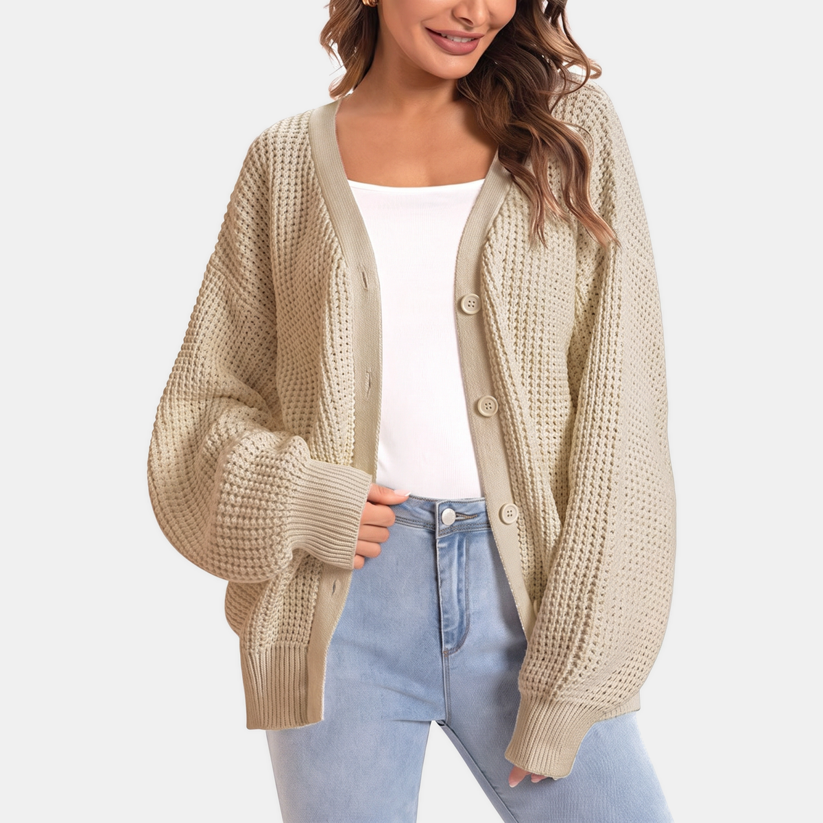 Women's Waffle Knit Balloon Sleeve Button Front Cardigan
