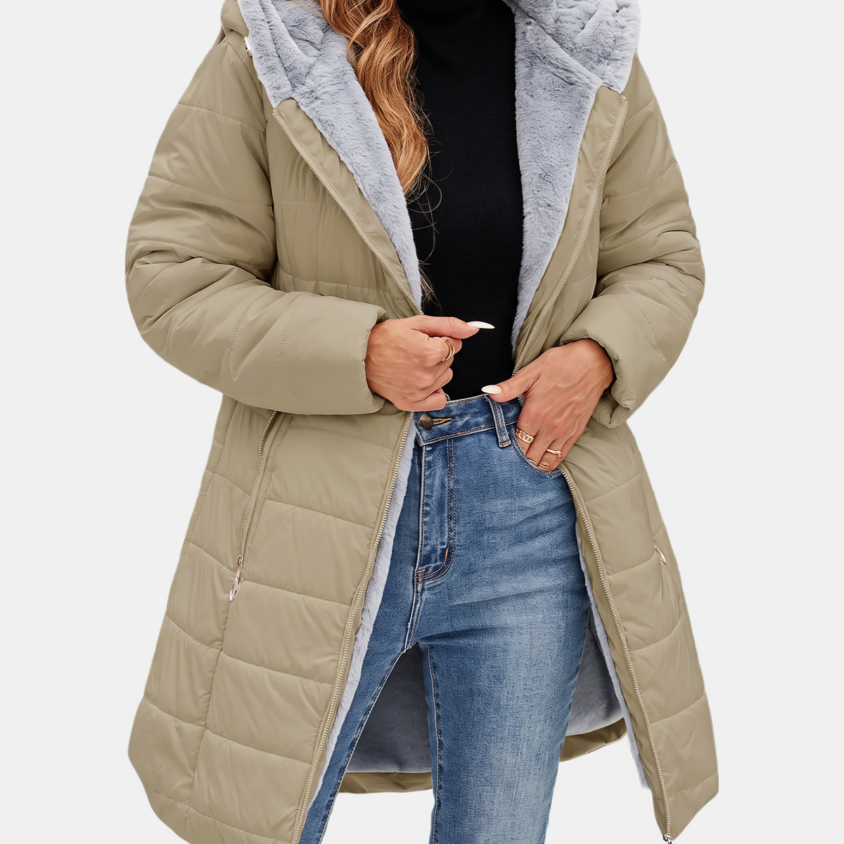 Women's Quilted Puffer Coat Fleece Lined Hooded Midi Jacket