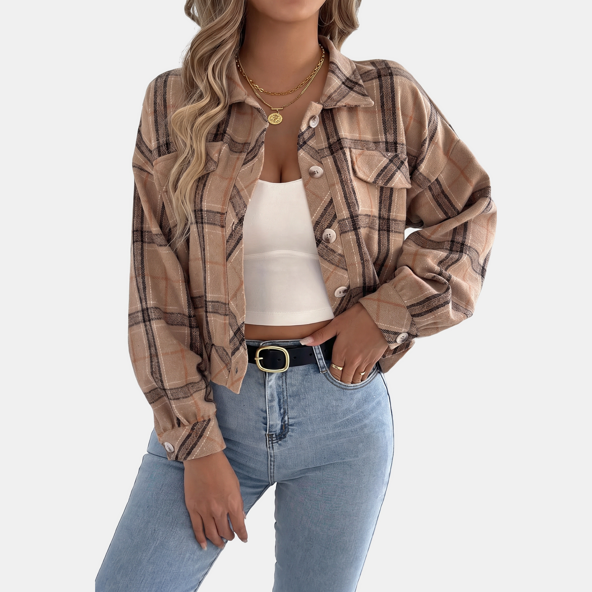 Women's Button Front Cropped Plaid Flannel Shacket