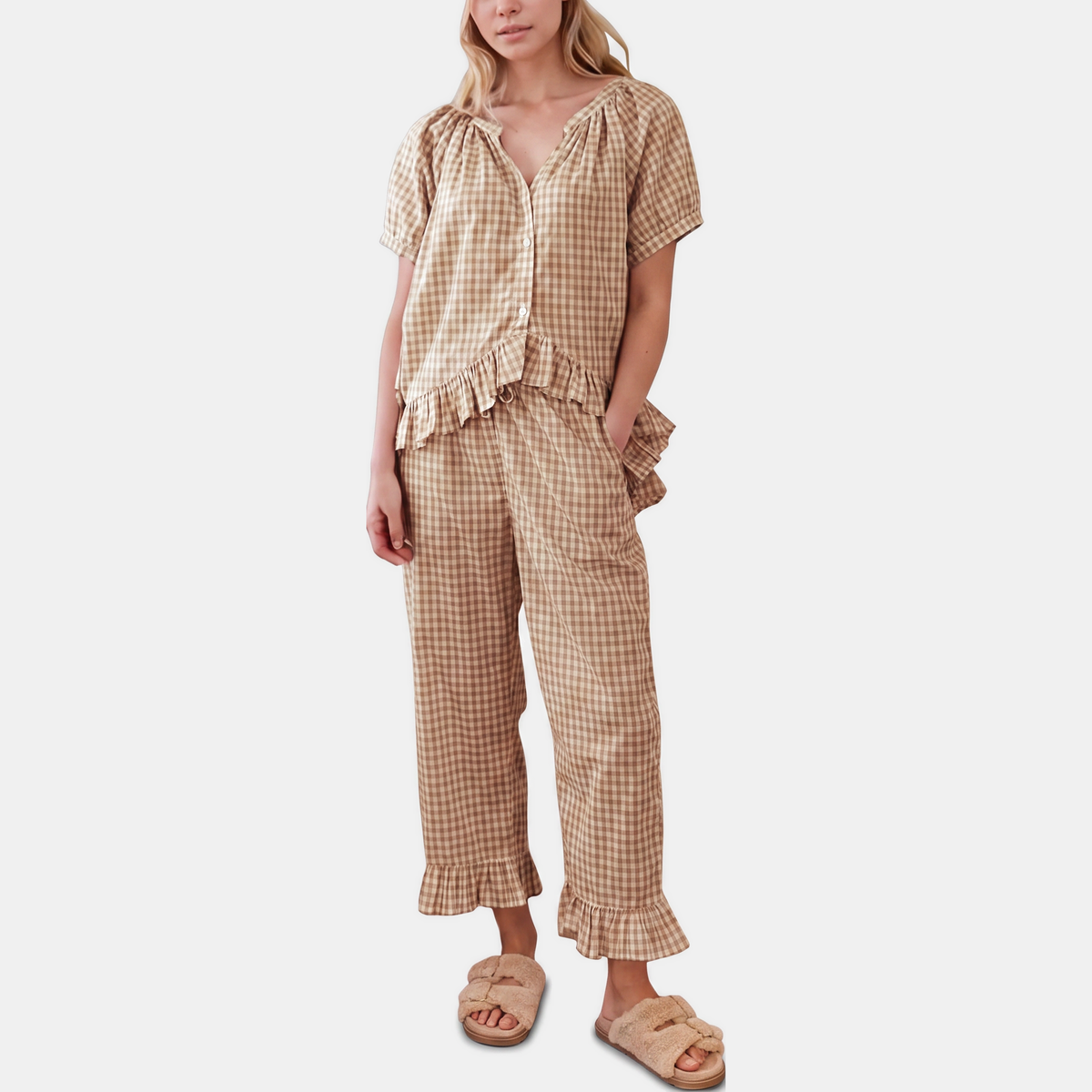 Susan Ruffle Trim Pajama Set - Khaki