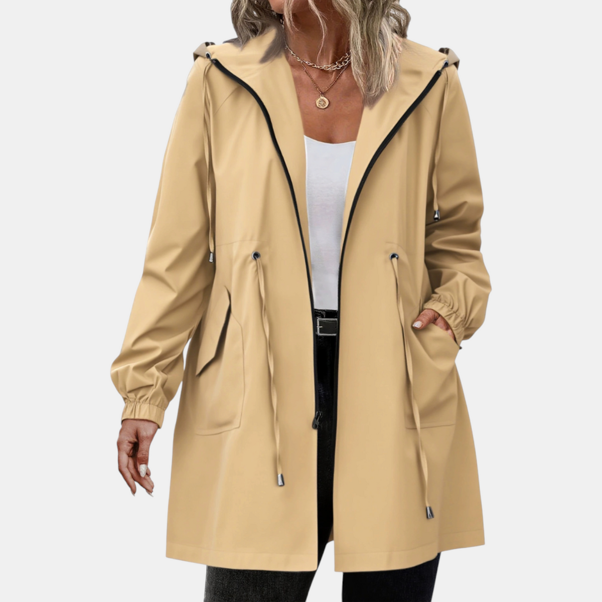 Women's Windbreaker Drawstring Waist Hooded Longline Jacket