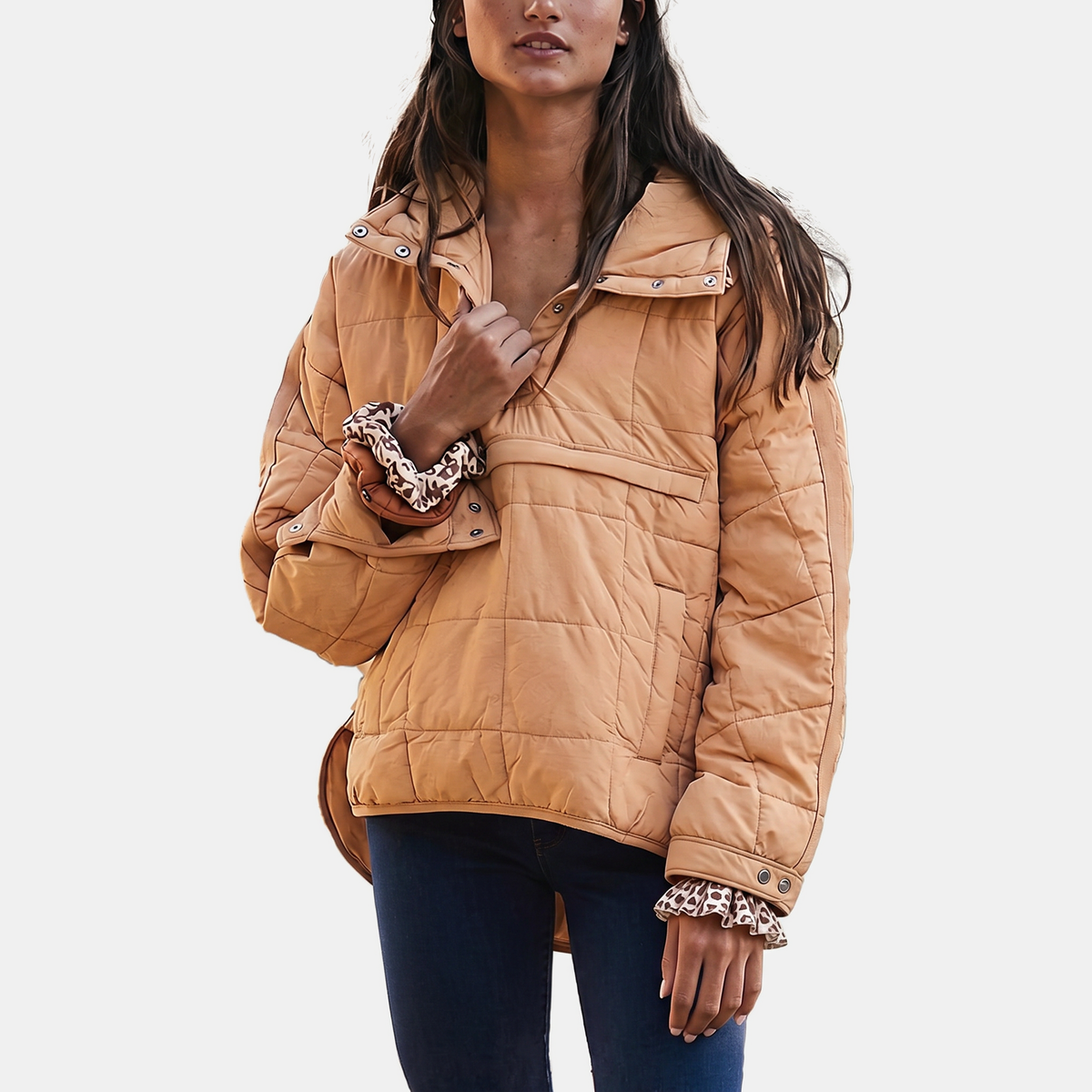 Women's Quilted Pullover Puffer Jacket Snap Collar Stand Neck