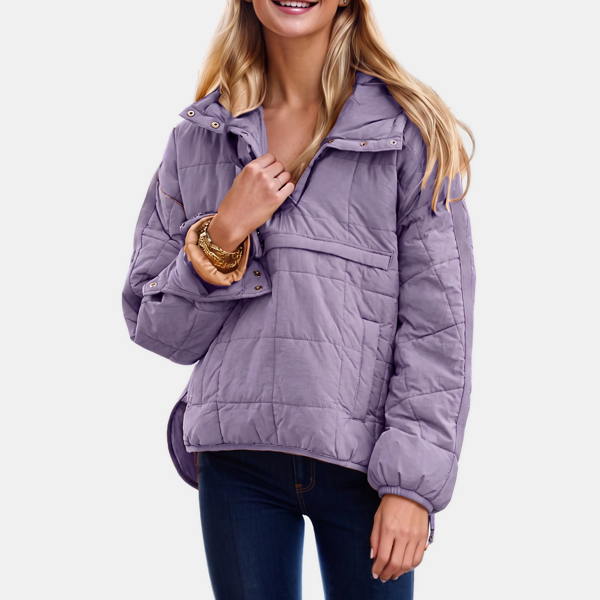 Women's Quilted Pullover Puffer Jacket Snap Collar Stand Neck