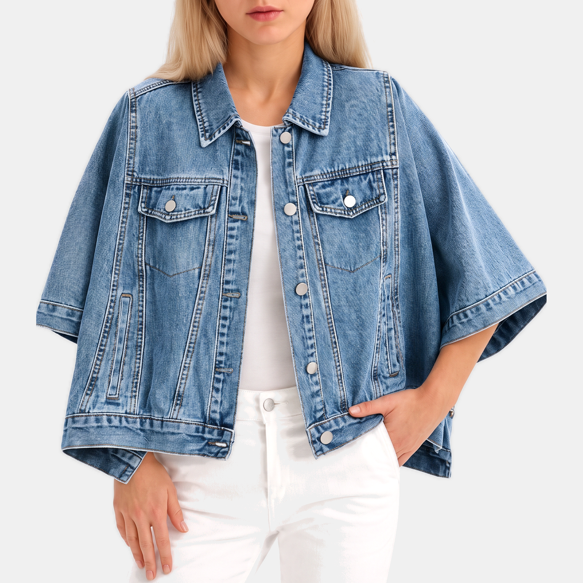 Harriet Denim Jacket Cape - Light Blue