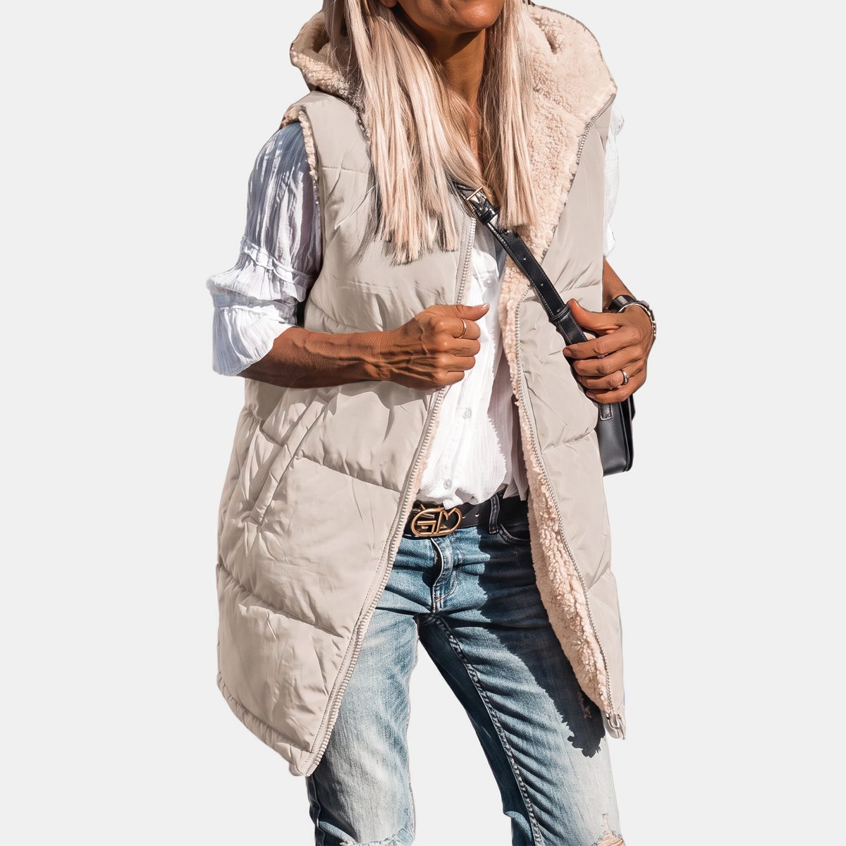 Women's Reversible Puffer Vest Sherpa Lined Hooded Sleeveless Coat