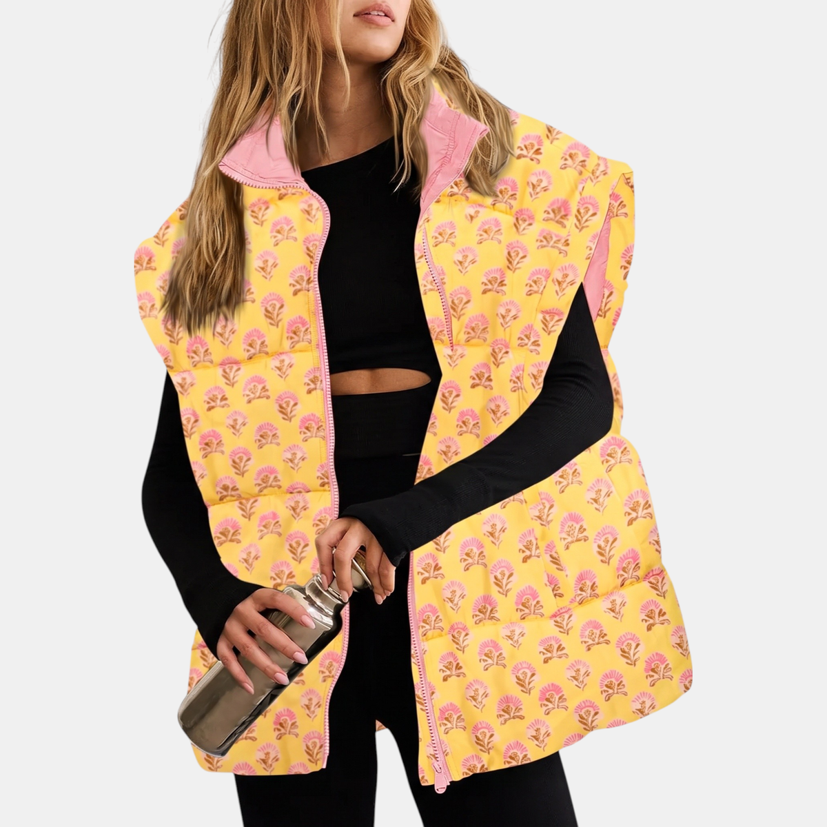 Women's Floral Print Puffer Vest Sleeveless Zip Up