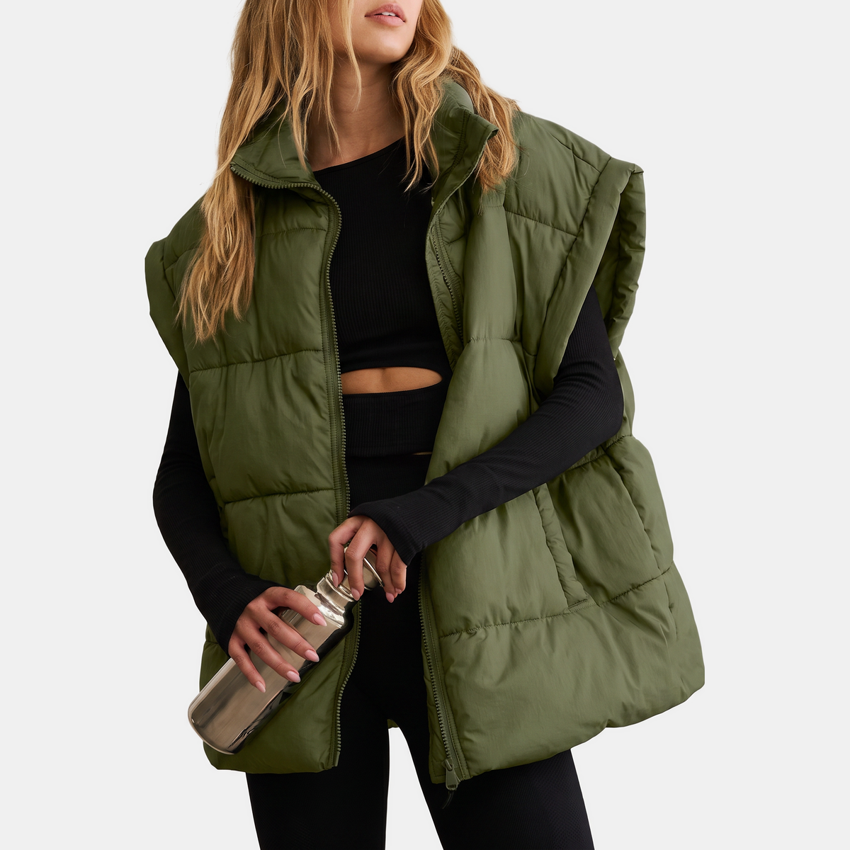 Women's Puffer Vest Quilted Sleeveless Midi Zip Up