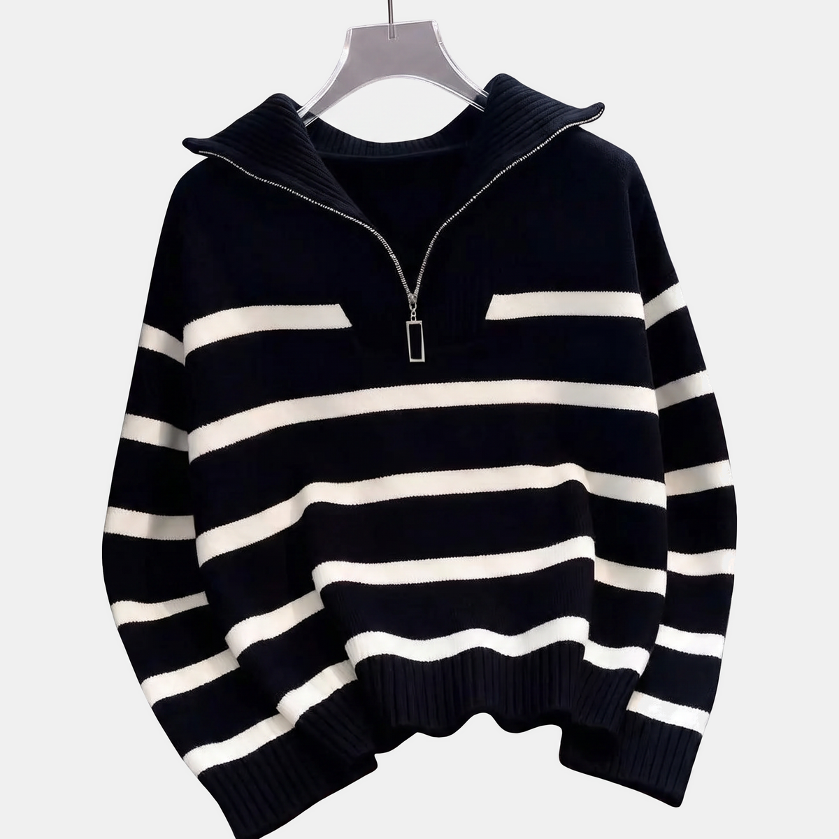 Women's Oversized Quarter Zip Striped Knit Sweater