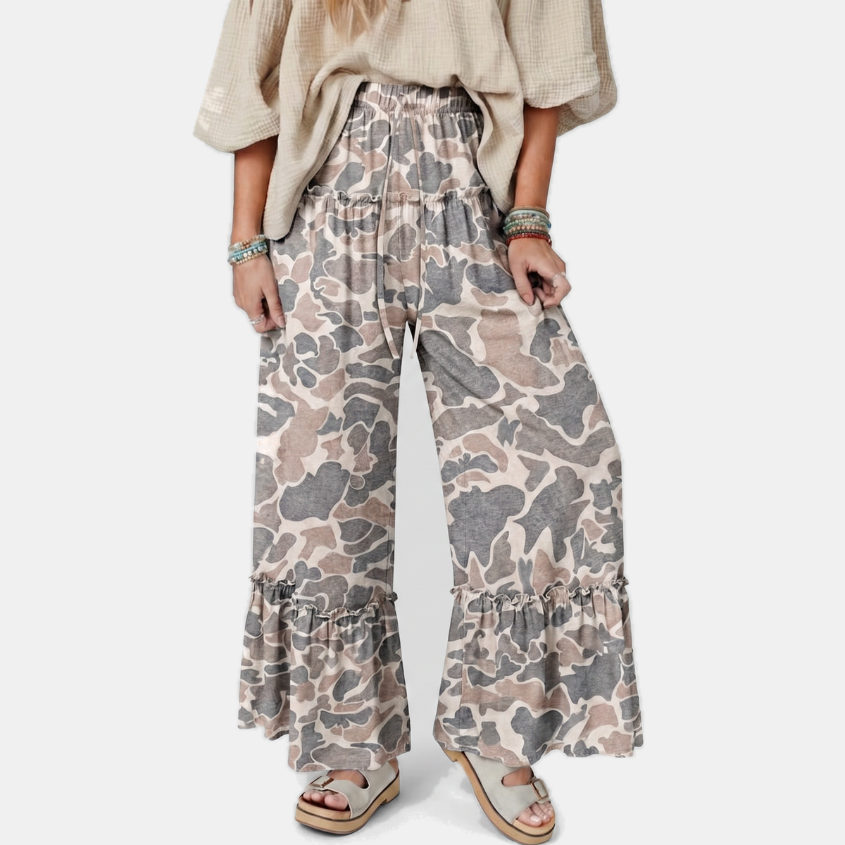 Women's Wide Leg Ruffle Hem Drawstring Pants