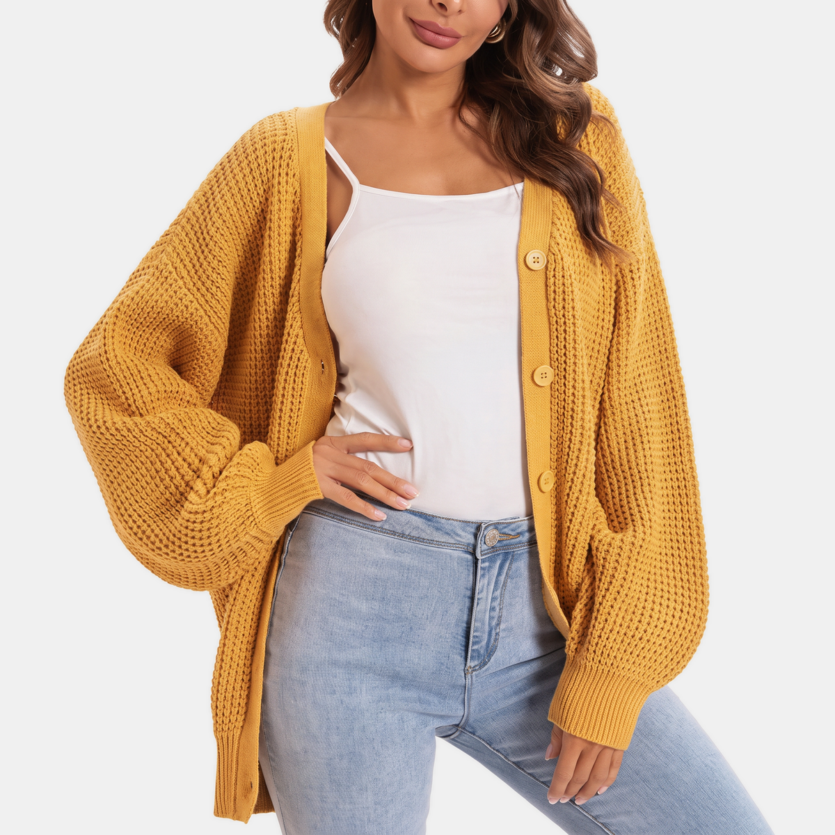 Women's Waffle Knit Balloon Sleeve Button Front Cardigan