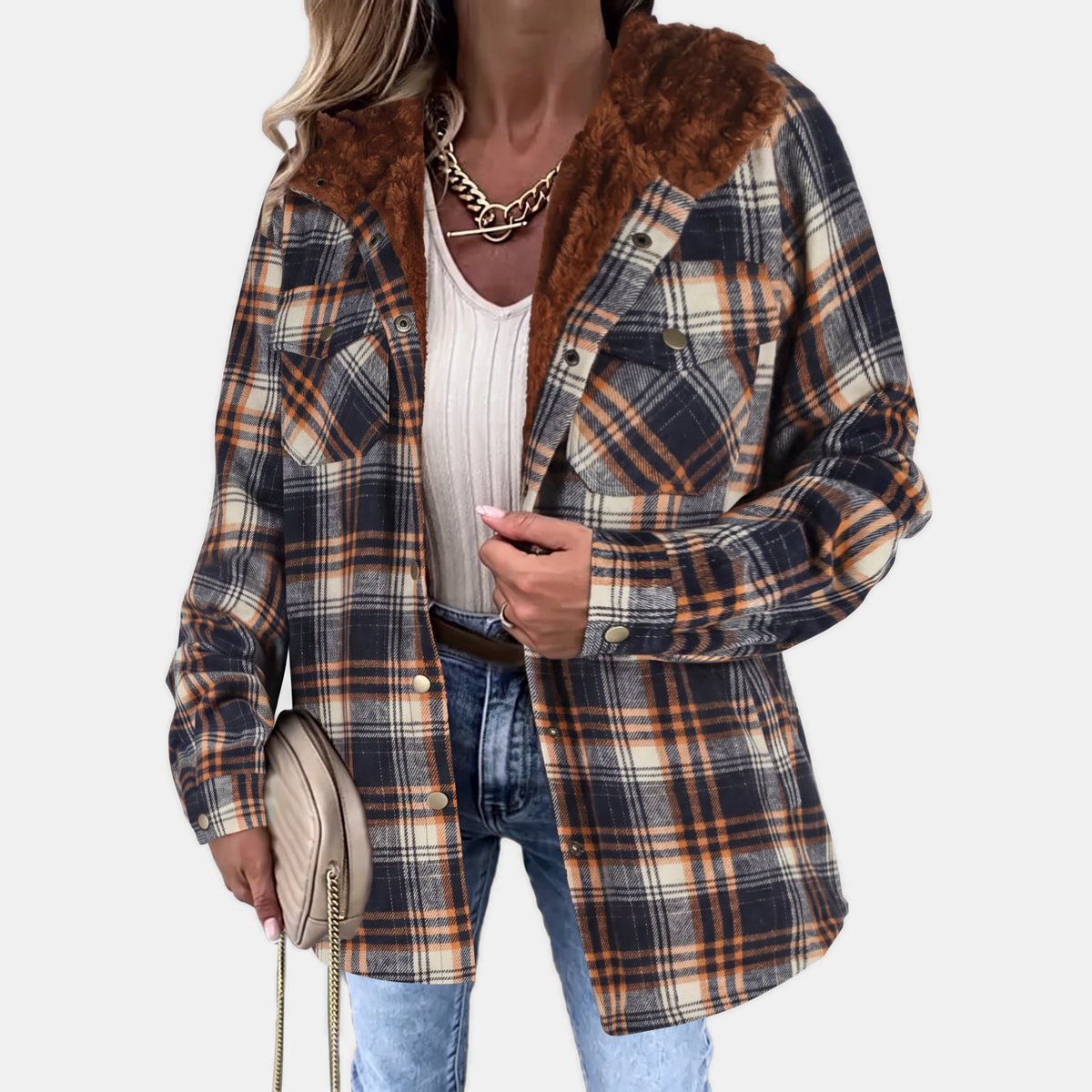 Women's Faux Fur Hood Plaid Flannel Snap Button Shacket