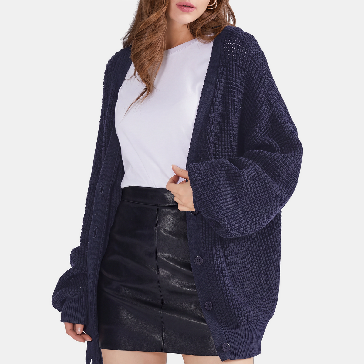 Women's Waffle Knit Balloon Sleeve Button Front Cardigan